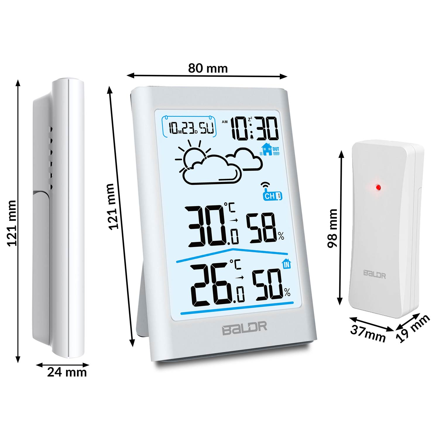 Biała stacja pogodowa Baldr z wyświetlaczem czasu, temperatury i wilgotności, obok małego czujnika.
