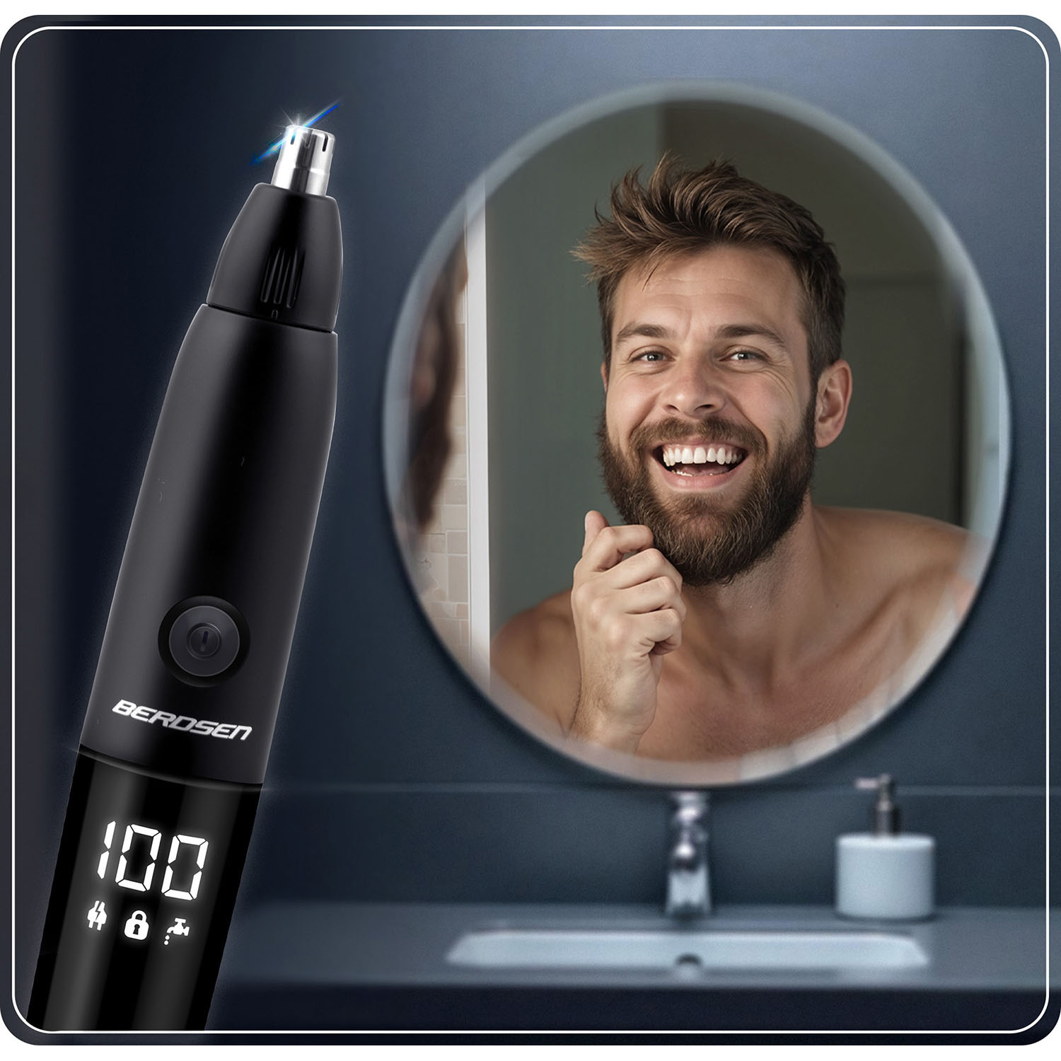 Mężczyzna uśmiecha się w lustrze, z brodą. Z przodu czarny trymer do włosów w nosie z wyświetlaczem cyfrowym.