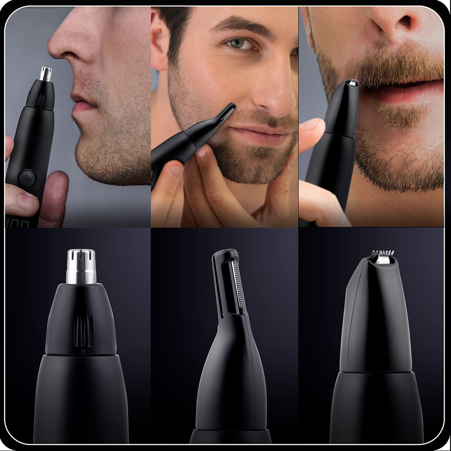 Mężczyzna używa czarnej maszynki do nosa i brody. Obraz pokazuje zbliżenia maszynki używanej na nosie i brodzie.
