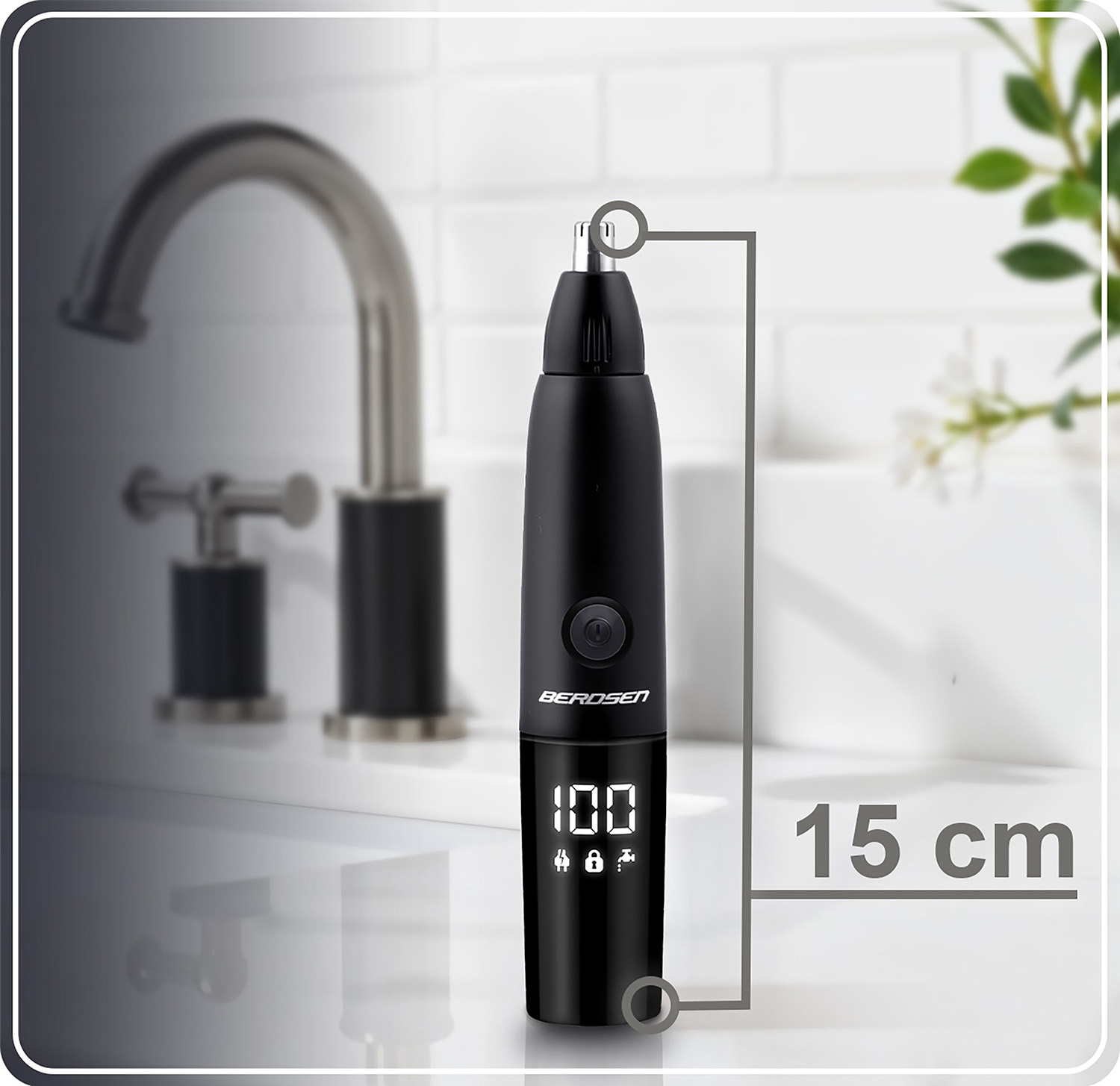 Czarny trymer do włosów w nosie z cyfrowym wyświetlaczem '100'. Ma 15 cm długości, umieszczony blisko zlewu i kranu.