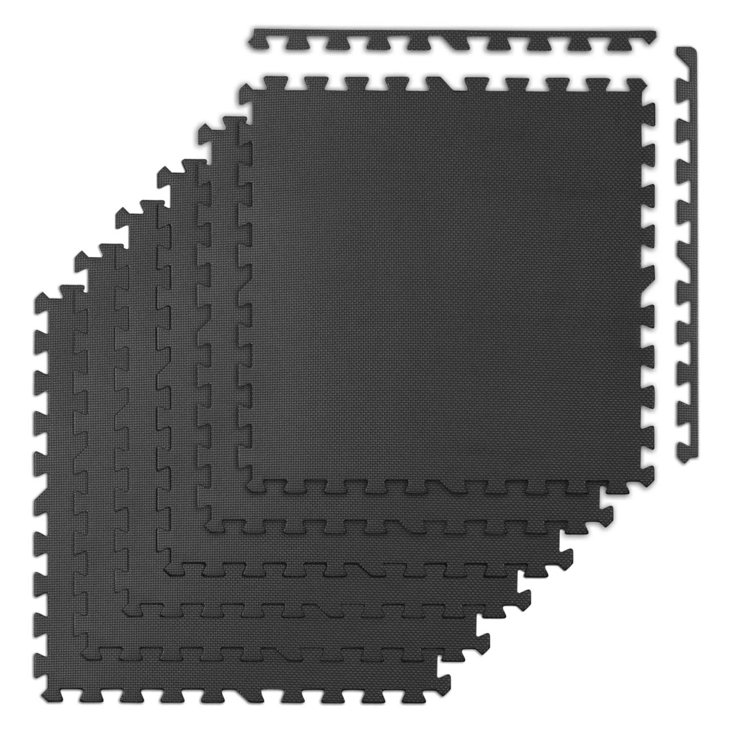 Kilka zazębiających się czarnych mat piankowych ułożonych na białym tle. Maty mają teksturowaną powierzchnię i zazębiające się krawędzie.