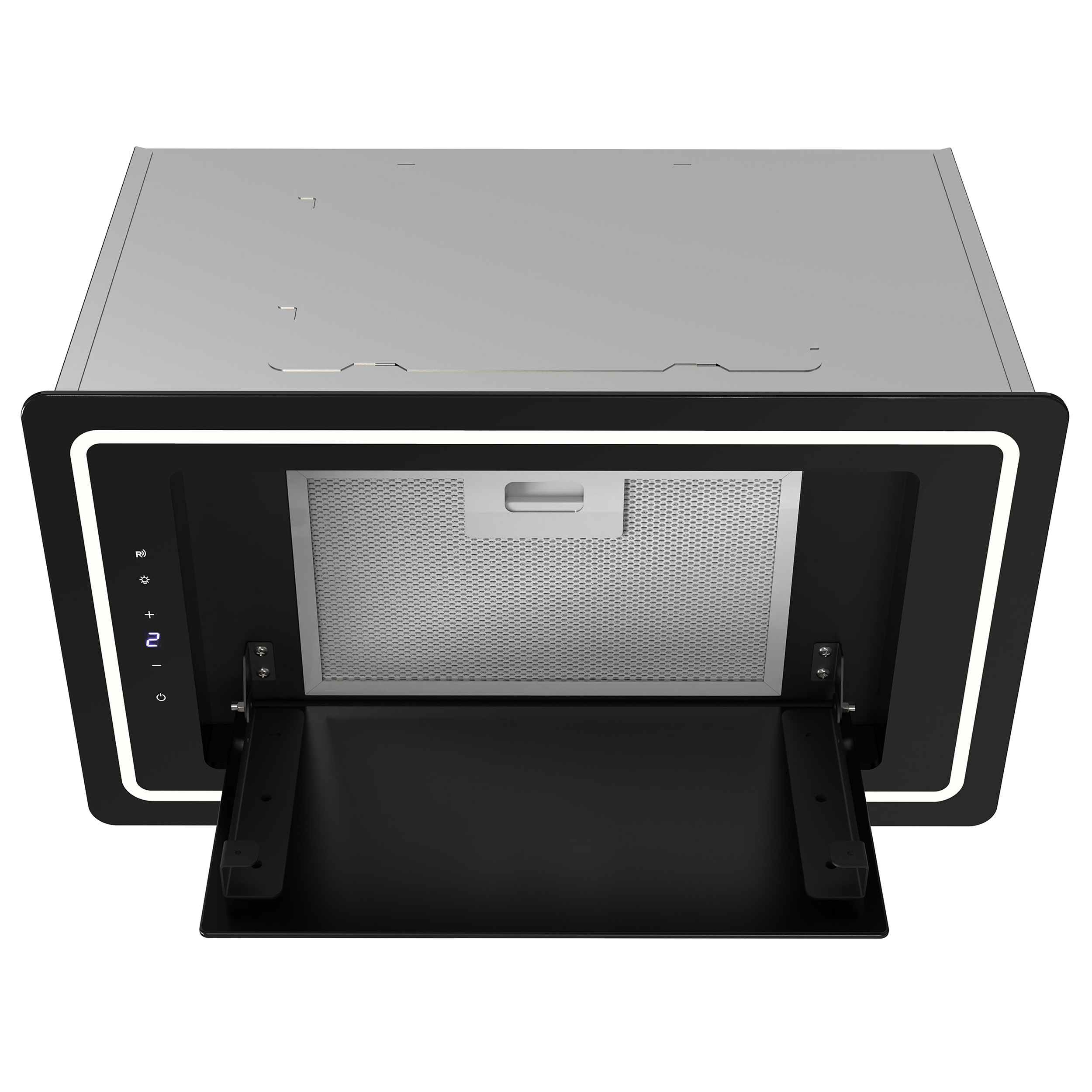 Czarny i srebrny okap z filtrem i panelem sterowania. Dolny panel jest otwarty.