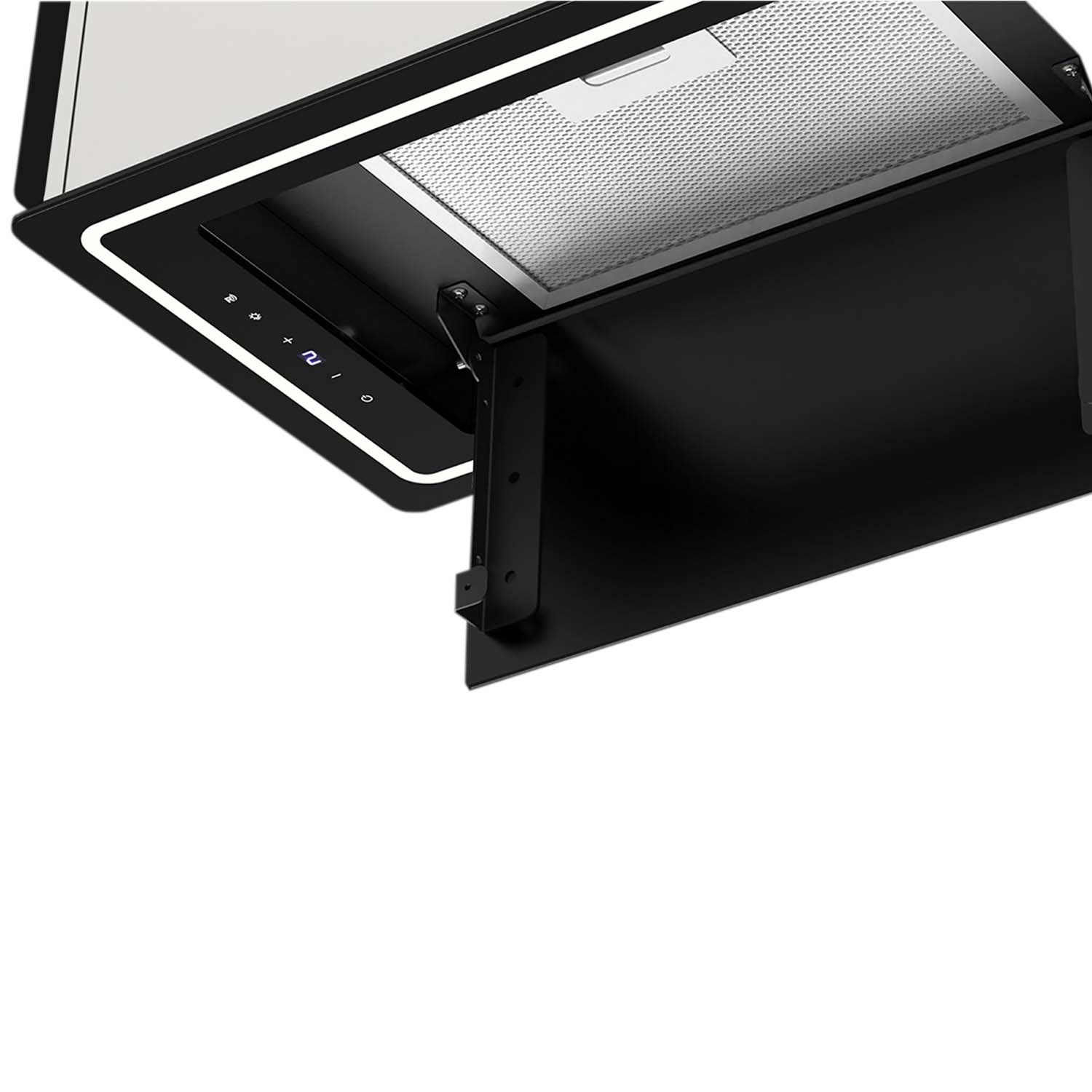 Czarny i srebrny okap jest skierowany w stronę widza. Posiada panel sterowania i metalowy filtr siatkowy.