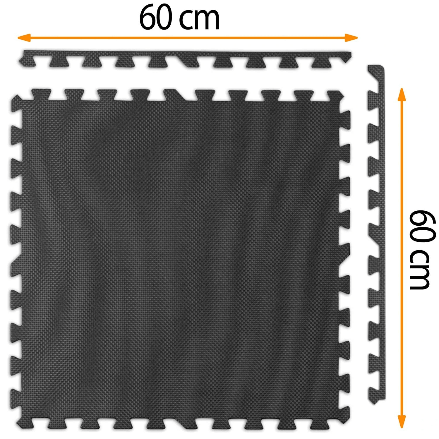 Dwie zazębiające się ciemnoszare maty podłogowe, każda 60 cm. Jedna jest obok siebie, druga na górze. Białe tło.