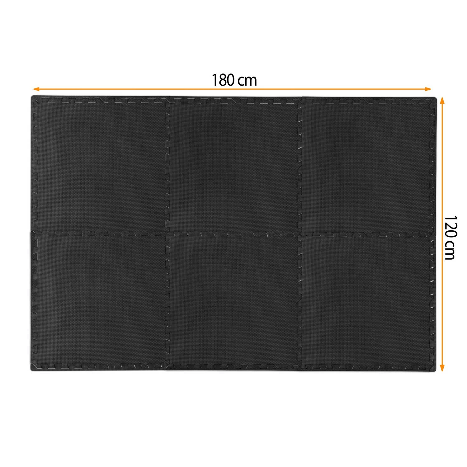 Czarna, zazębiająca się mata piankowa, 180 cm x 120 cm, z podanymi wymiarami. Mata składa się z sześciu części.