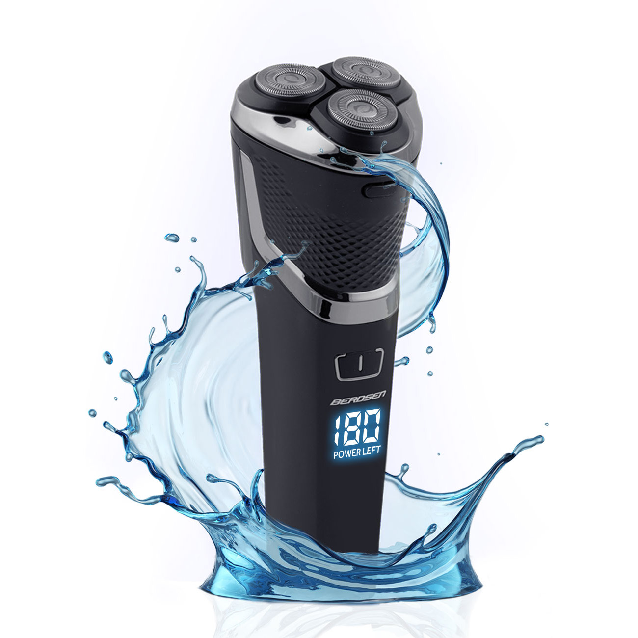 Czarna golarka elektryczna ze srebrnymi akcentami. Woda wokół. Golarka wyświetla '180 POWER LEFT'.