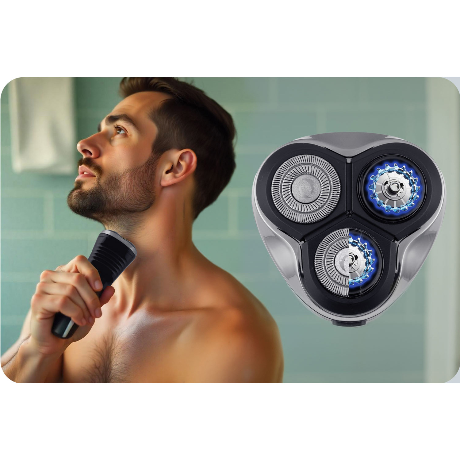 Mężczyzna goli szyję golarką elektryczną. Wyświetlana jest głowica golarki, pokazująca ostrza i elementy wewnętrzne.