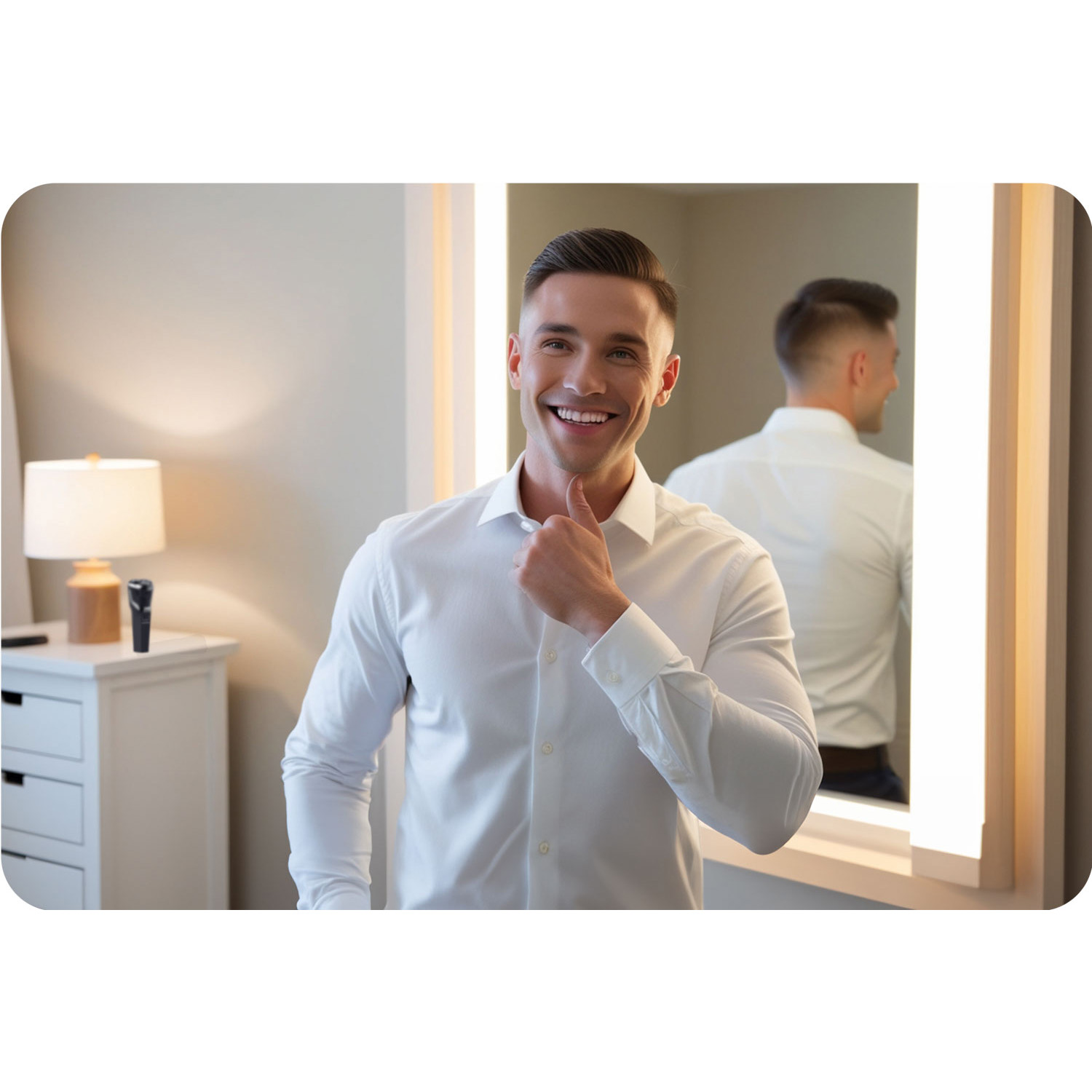 Mężczyzna w białej koszuli uśmiecha się i pokazuje kciuk w górę. Stoi przed lustrem, widoczne jest jego odbicie. Po lewej stronie znajduje się szafka nocna.