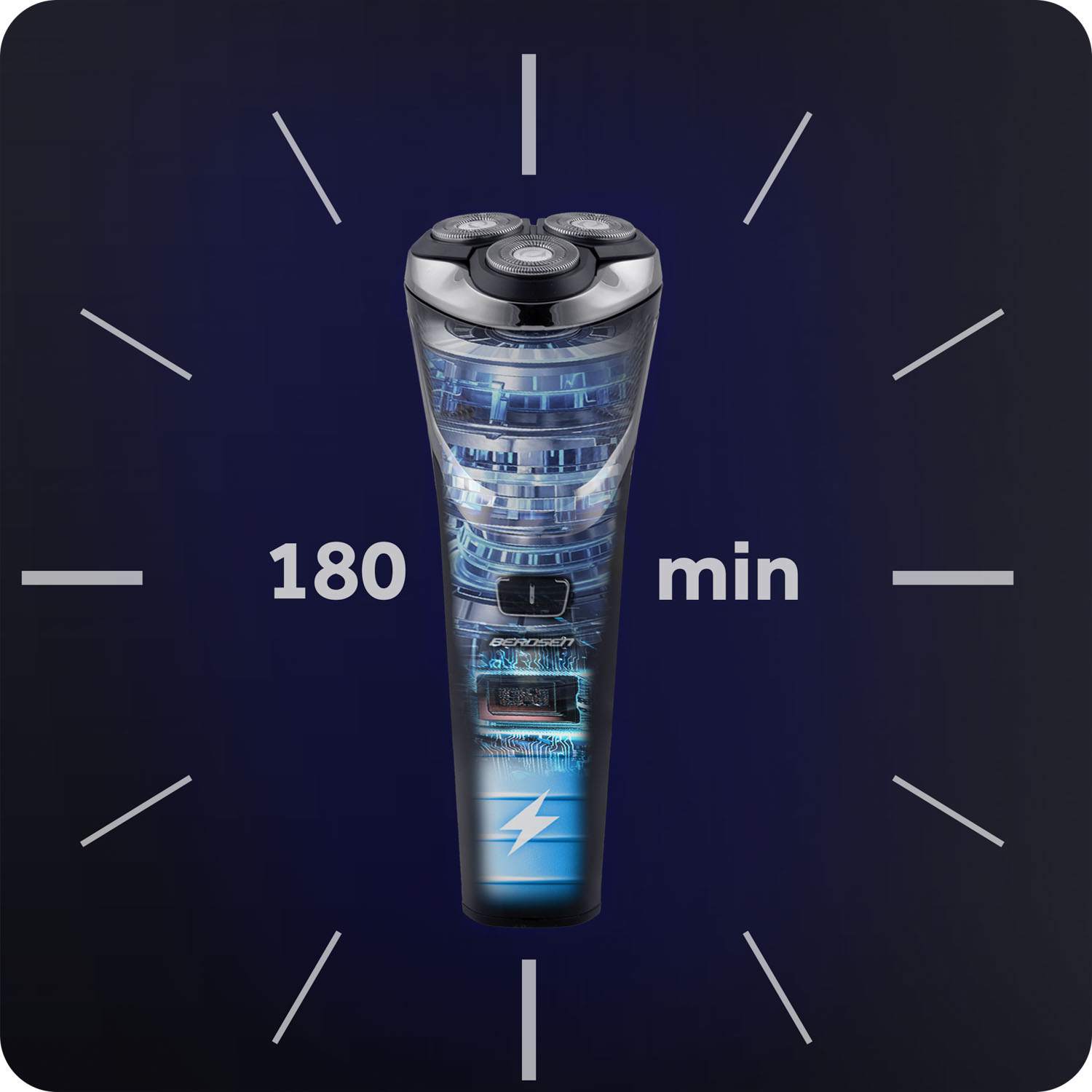 Golarka elektryczna z przezroczystym korpusem, pokazująca wewnętrzne elementy. Wskazuje 180 minut użytkowania. Widoczny symbol błyskawicy.