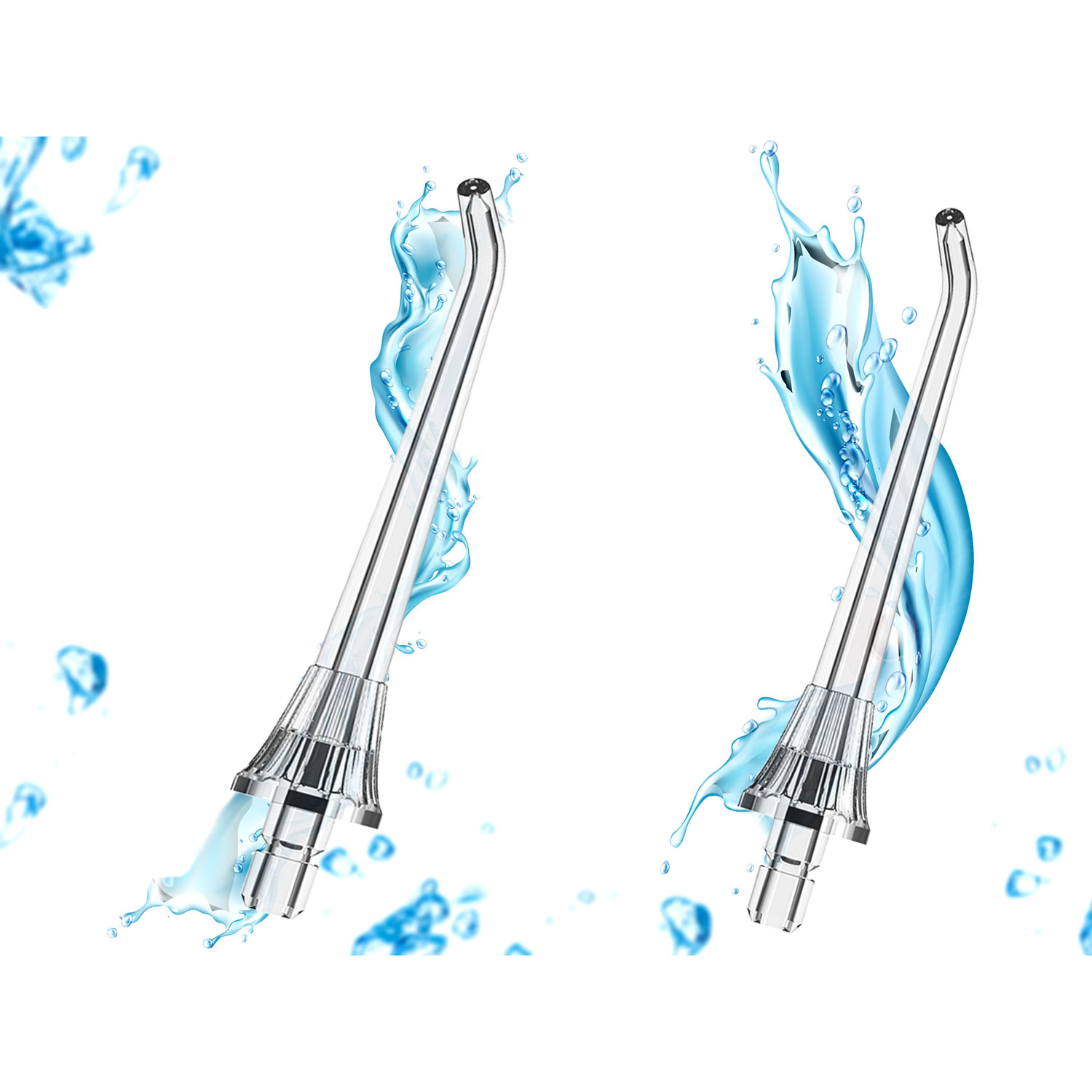 Dwa strumienie wody do zębów z rozpryskami wody na białym tle. Strumienie są srebrne i przezroczyste z kroplami wody.