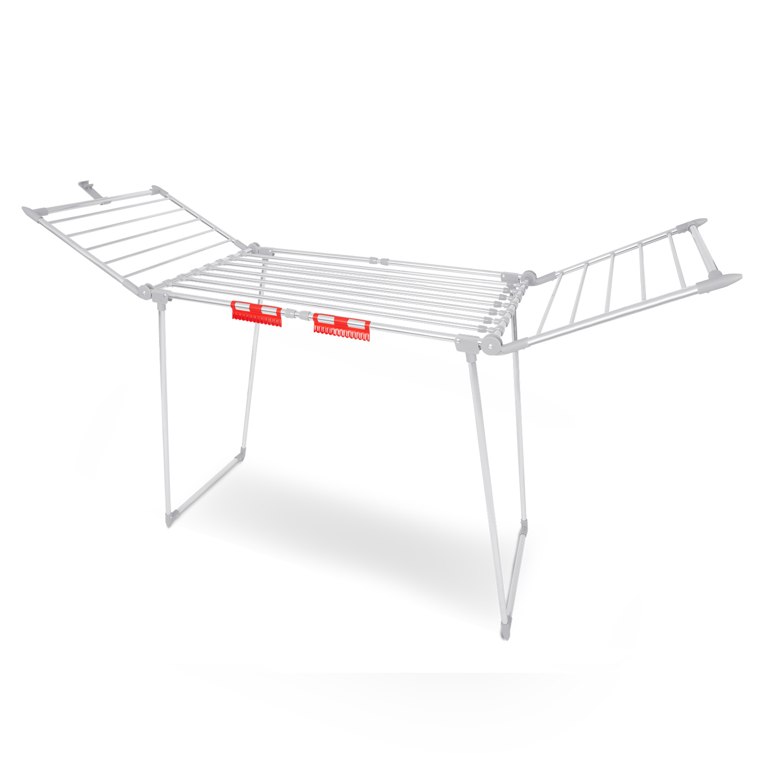 Biała, składana suszarka do ubrań. Ma wiele prętów do wieszania ubrań i czerwone plastikowe klipsy. Tło jest białe.