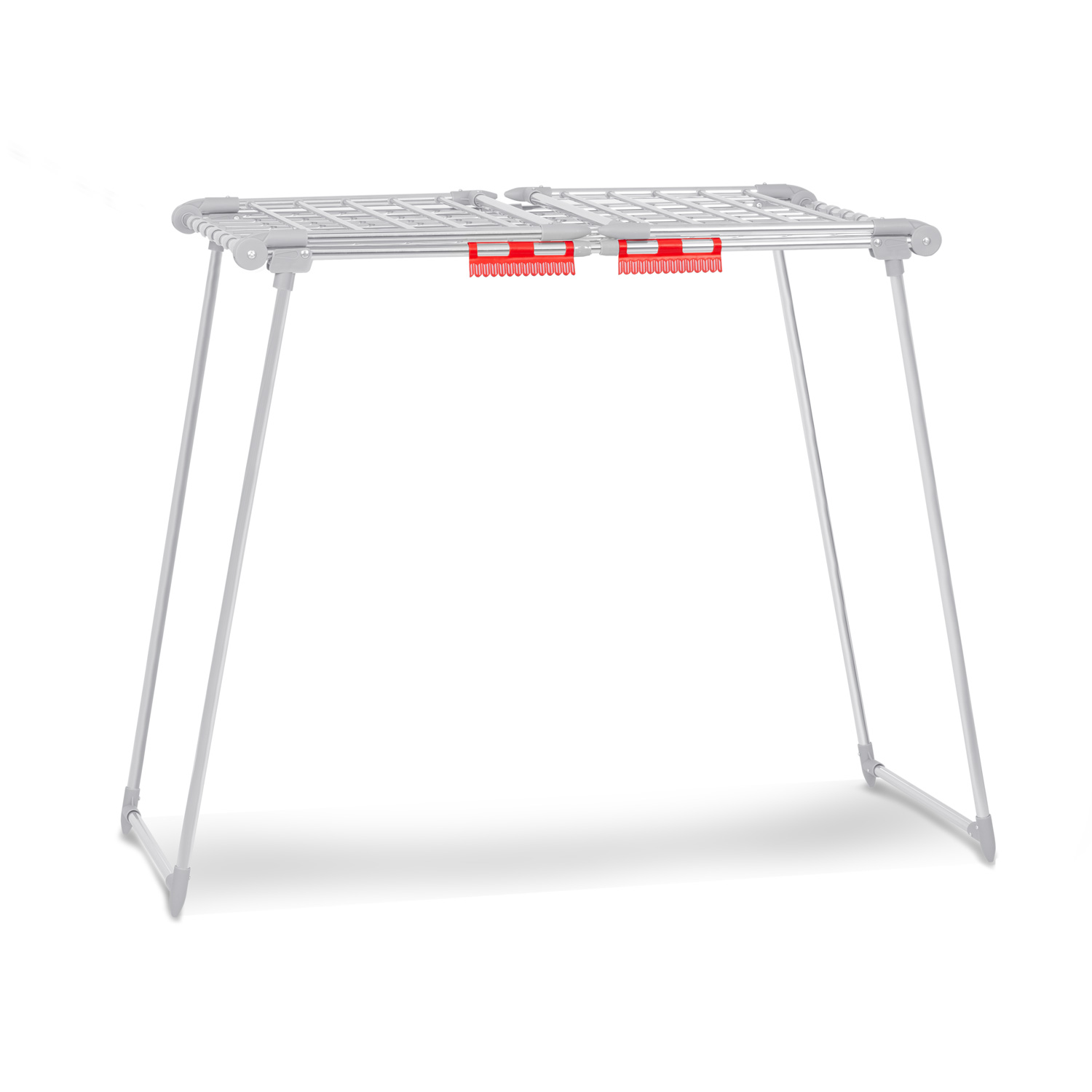 Biała metalowa suszarka do ubrań z czerwonymi akcentami na białym tle. Suszarka jest pusta i rzuca cień.