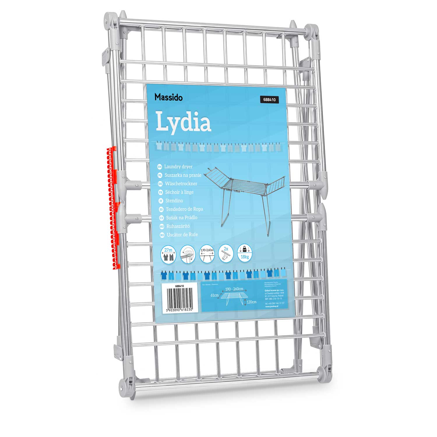 Prezentowany jest srebrny suszarka do ubrań marki Massido Lydia. Ma wiele stojaków do suszenia i jest na białym tle.