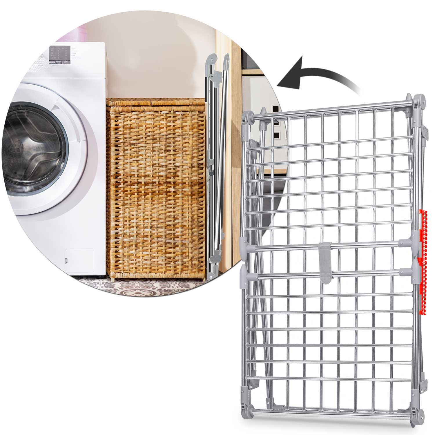 Pralnia z pralką i wiklinowym koszem. Przed nią suszarka do ubrań. Strzałka wskazuje składanie suszarki.