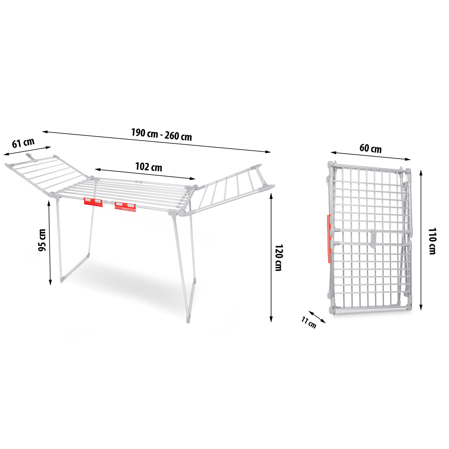 Biały metalowy suszarka do ubrań, otwarty i złożony, z zaznaczonymi wymiarami. Obok suszarka złożona.