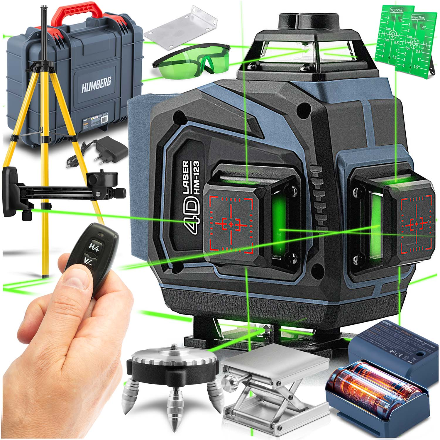 Zestaw poziomicy laserowej z laserem 4D, statywem, walizką, zielonymi okularami, pilotem i akcesoriami. Laser wyświetla zielone linie.
