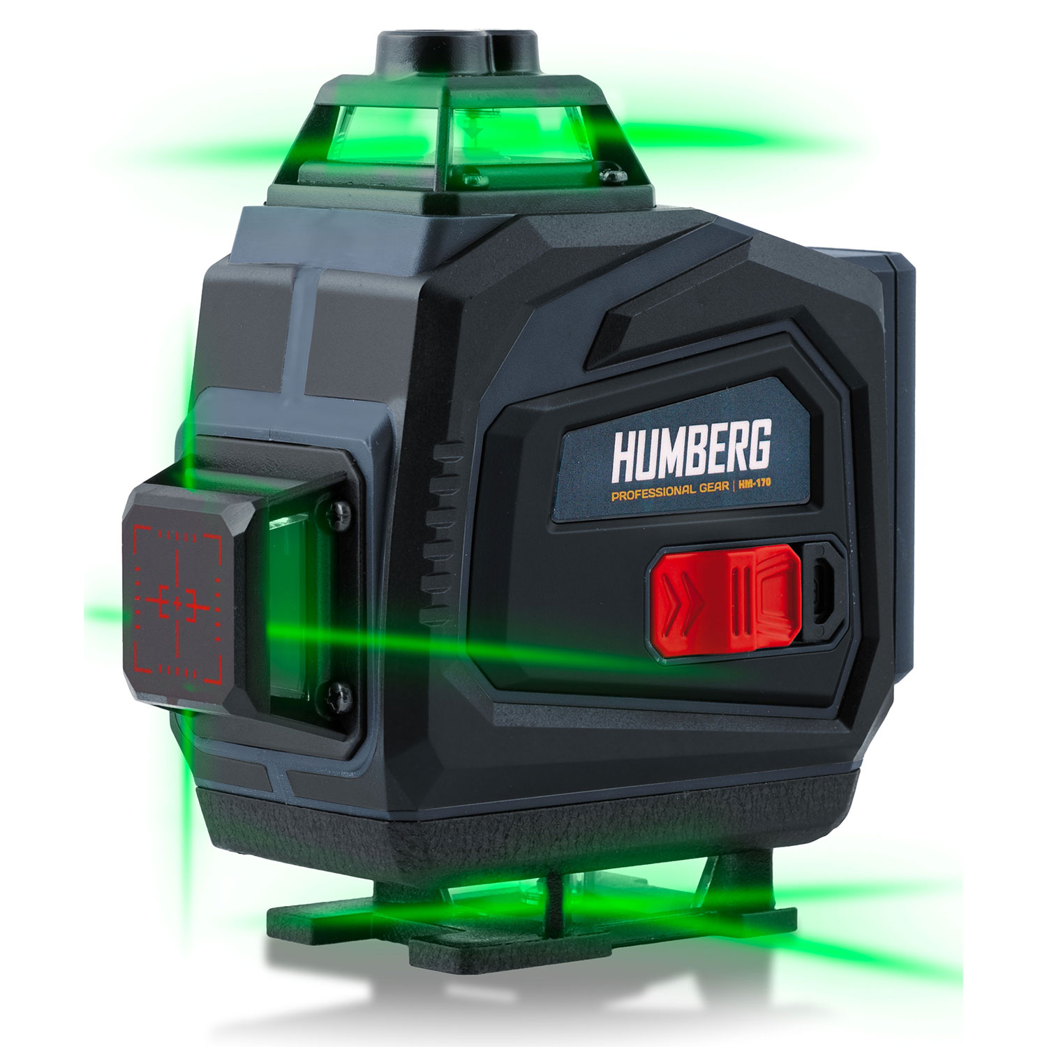 Czarny i szary poziom laserowy emituje zielone wiązki. Ma czerwony wyświetlacz i przycisk z marką HUMBERG.