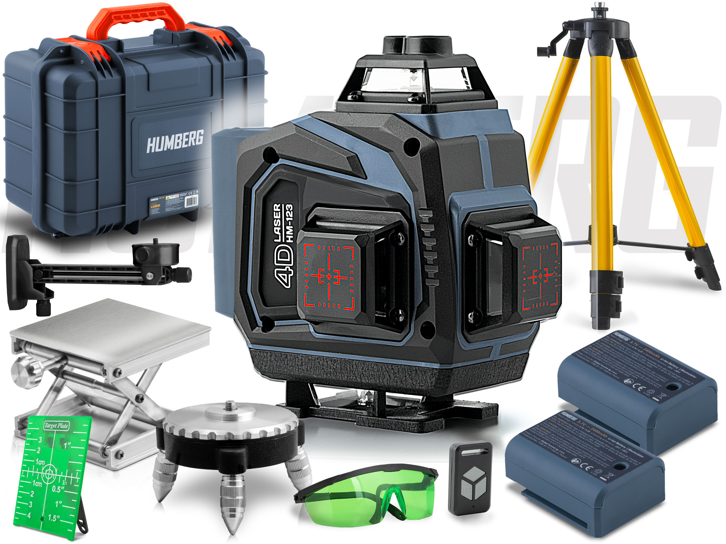 Zestaw poziomicy laserowej z walizką, statywem, bateriami, tarczą i okularami.