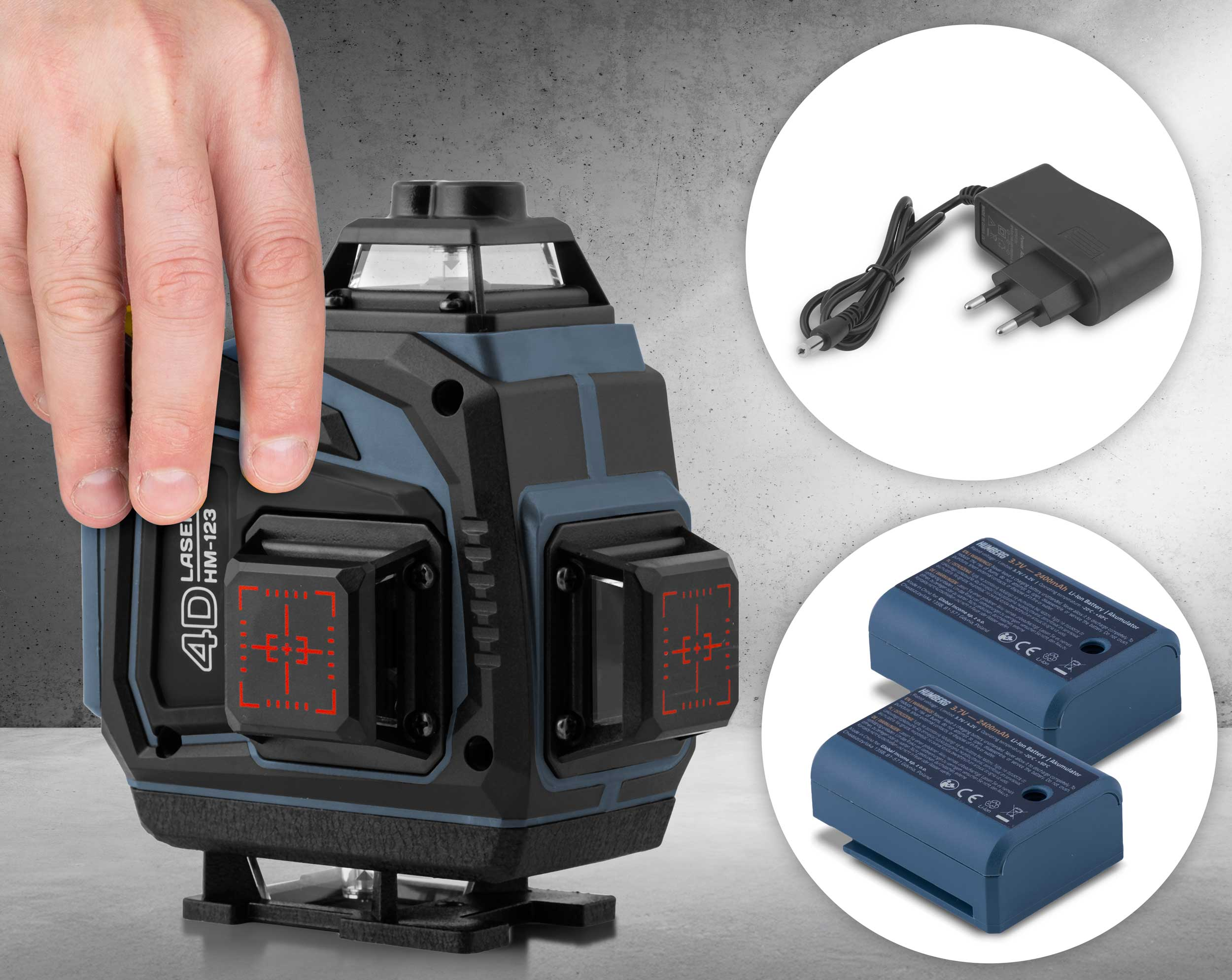 Dłoń trzyma czarno-niebieski poziom laserowy. W zestawie baterie i ładowarka.