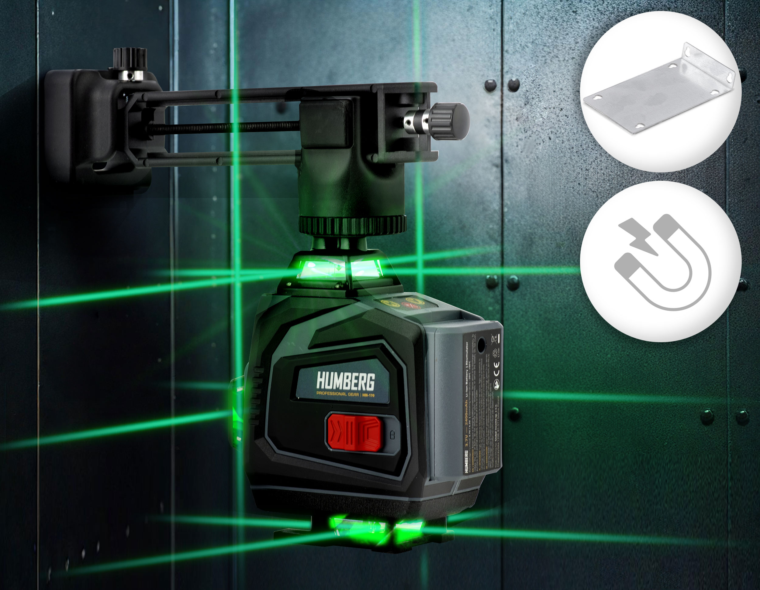 Czarny poziom laserowy zamontowany na ciemnej ścianie, emitujący zielone wiązki laserowe. Dwie okrągłe ikony po prawej.