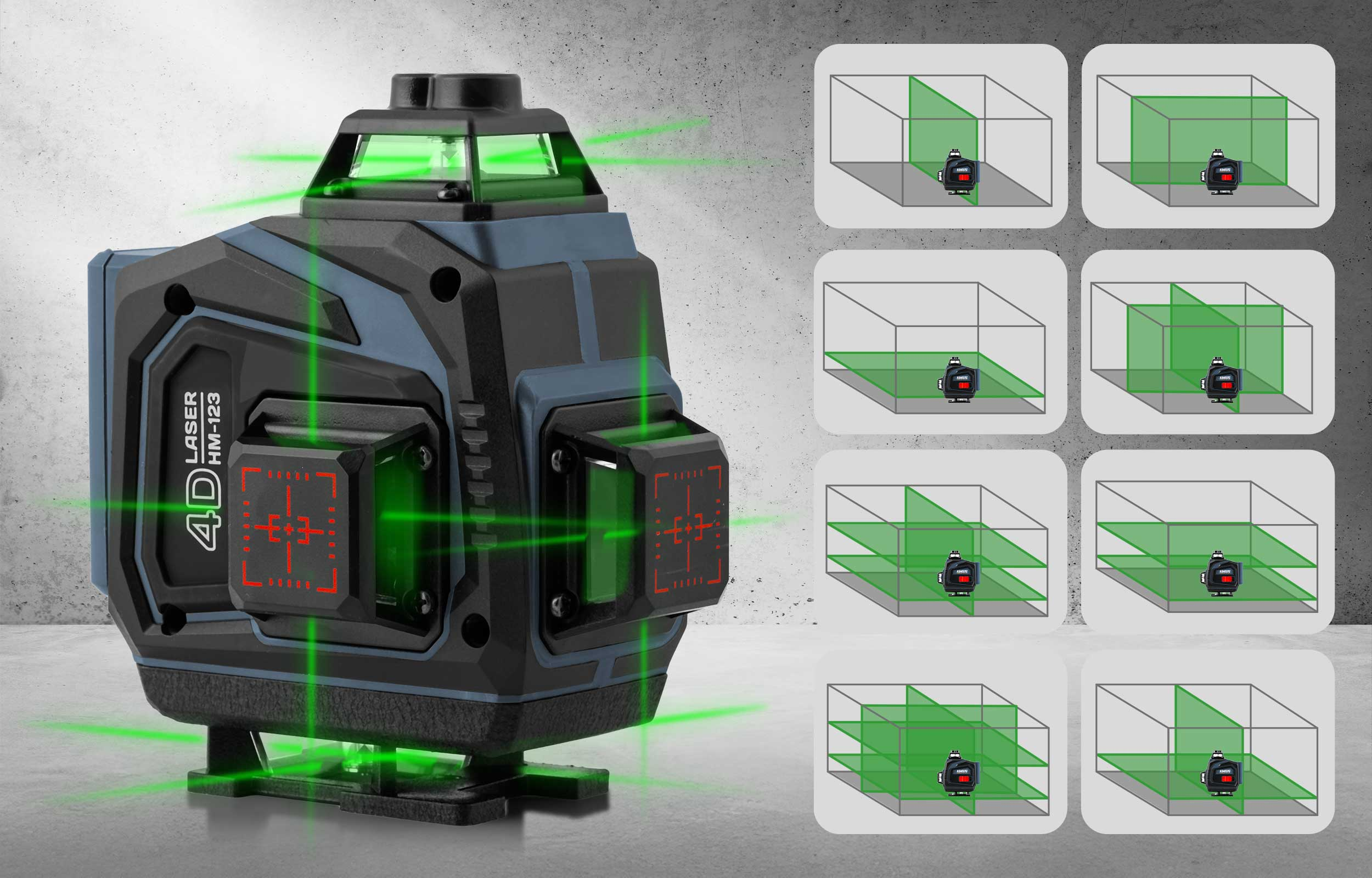 Poziomica laserowa 4D z zielonymi liniami lasera. Schematy pokazują różne konfiguracje płaszczyzn lasera. Szare tło.