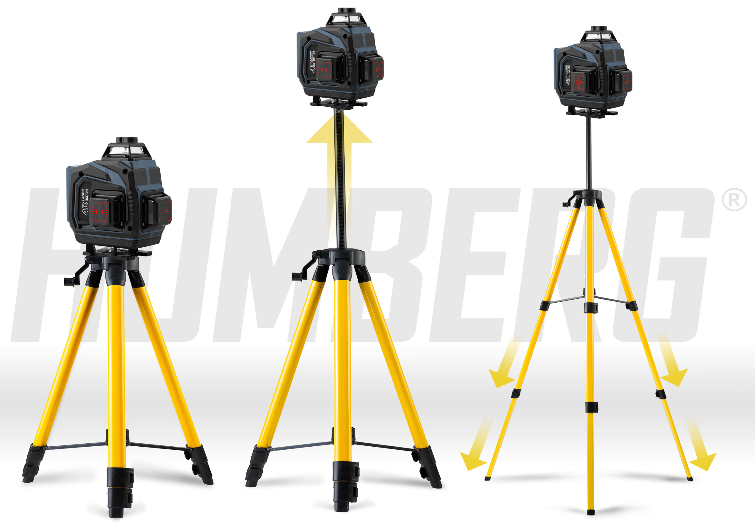 Poziomica laserowa na żółtym statywie. Poziomica jest czarna i szara. Strzałki wskazują regulację wysokości.