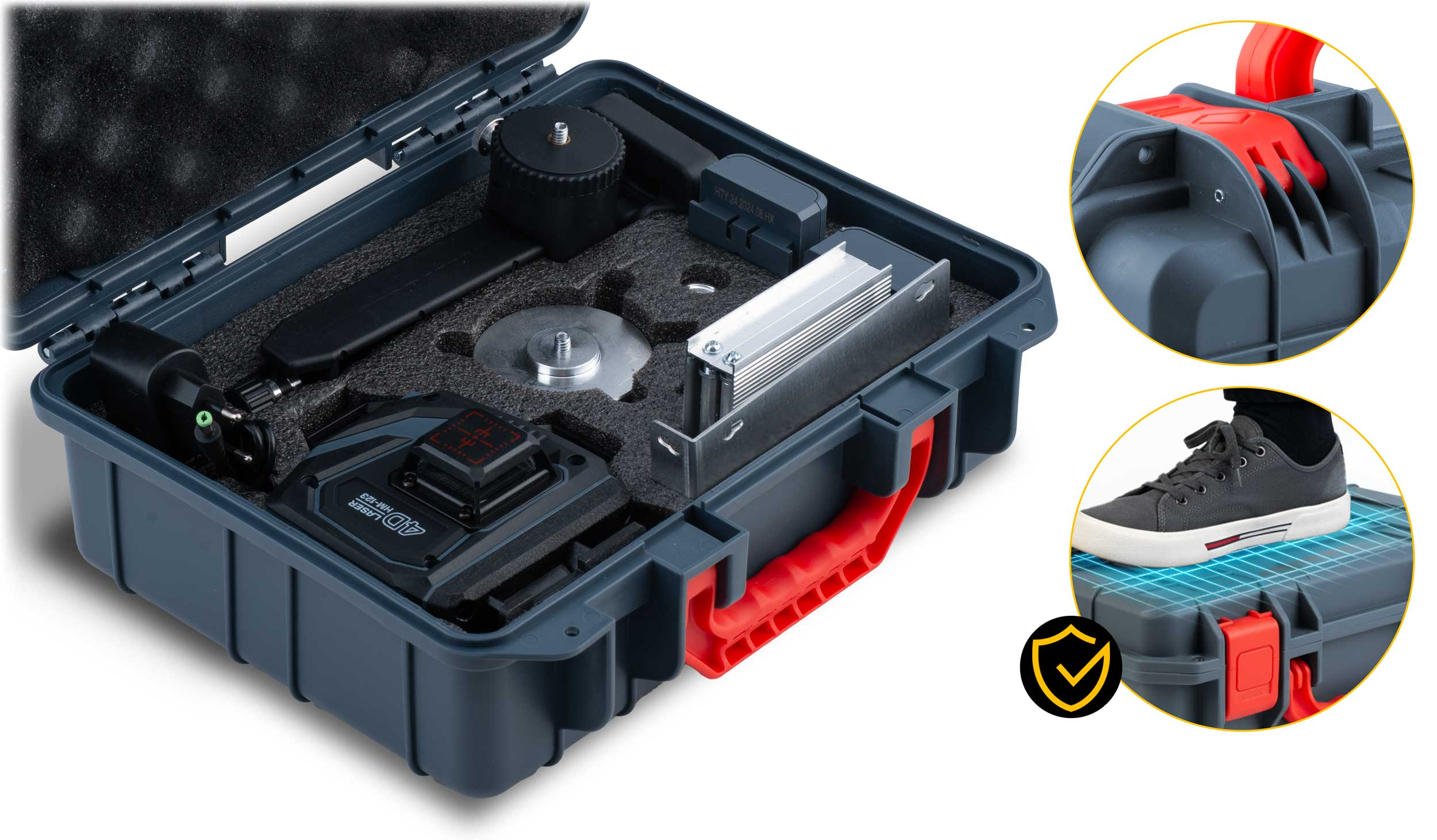 Ciemnoniebieska walizka zawierająca sprzęt do poziomowania laserowego. Widoczne są również czerwone uchwyty i but na zamkniętej walizce.