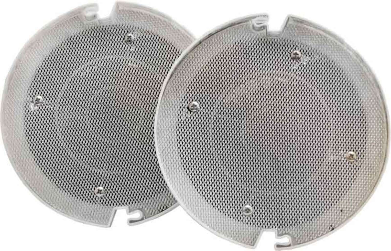 Dwie srebrne, okrągłe osłony głośników z siatkowym wzorem i śrubami.