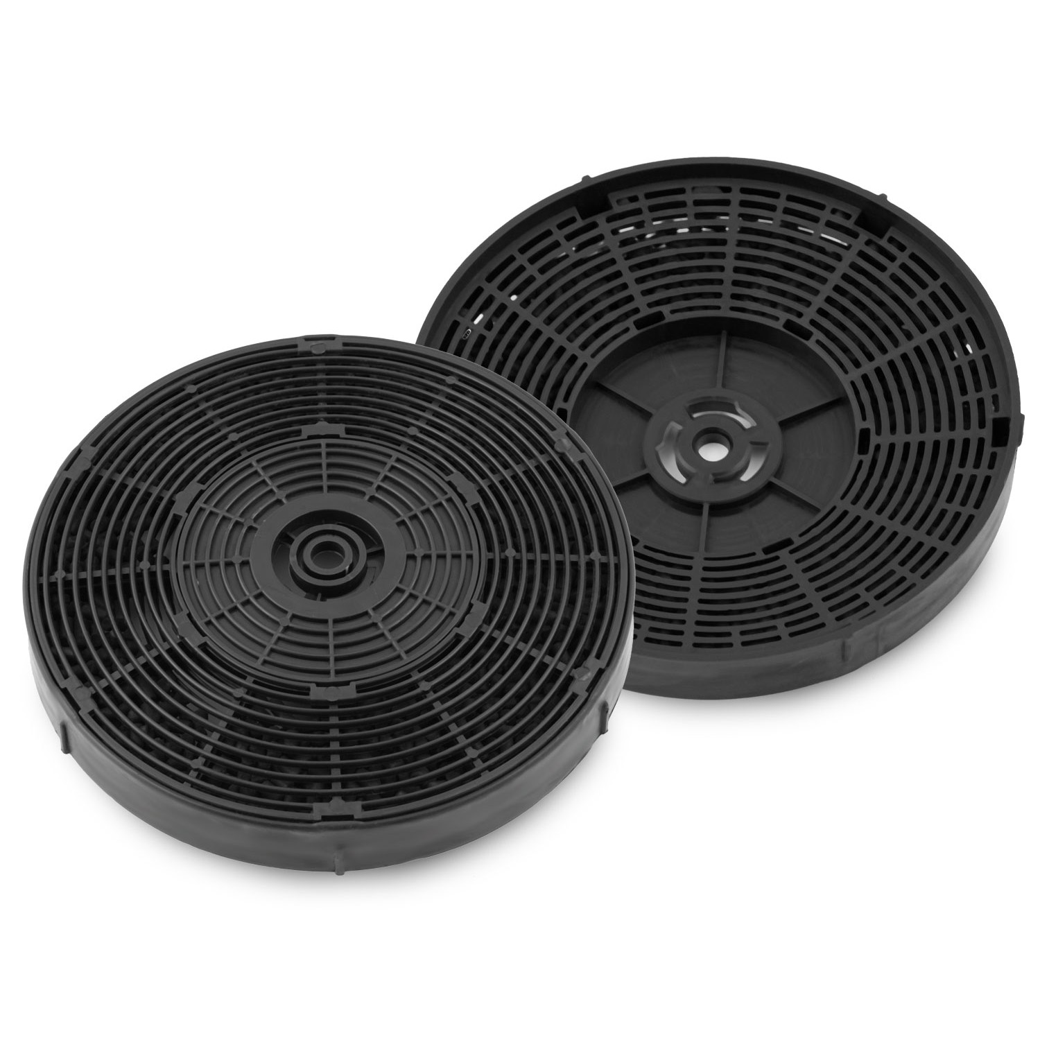 Dwa okrągłe czarne filtry węglowe. Jeden jest z przodu, a drugi z tyłu. Oba mają okrągły wzór z centralną piastą.