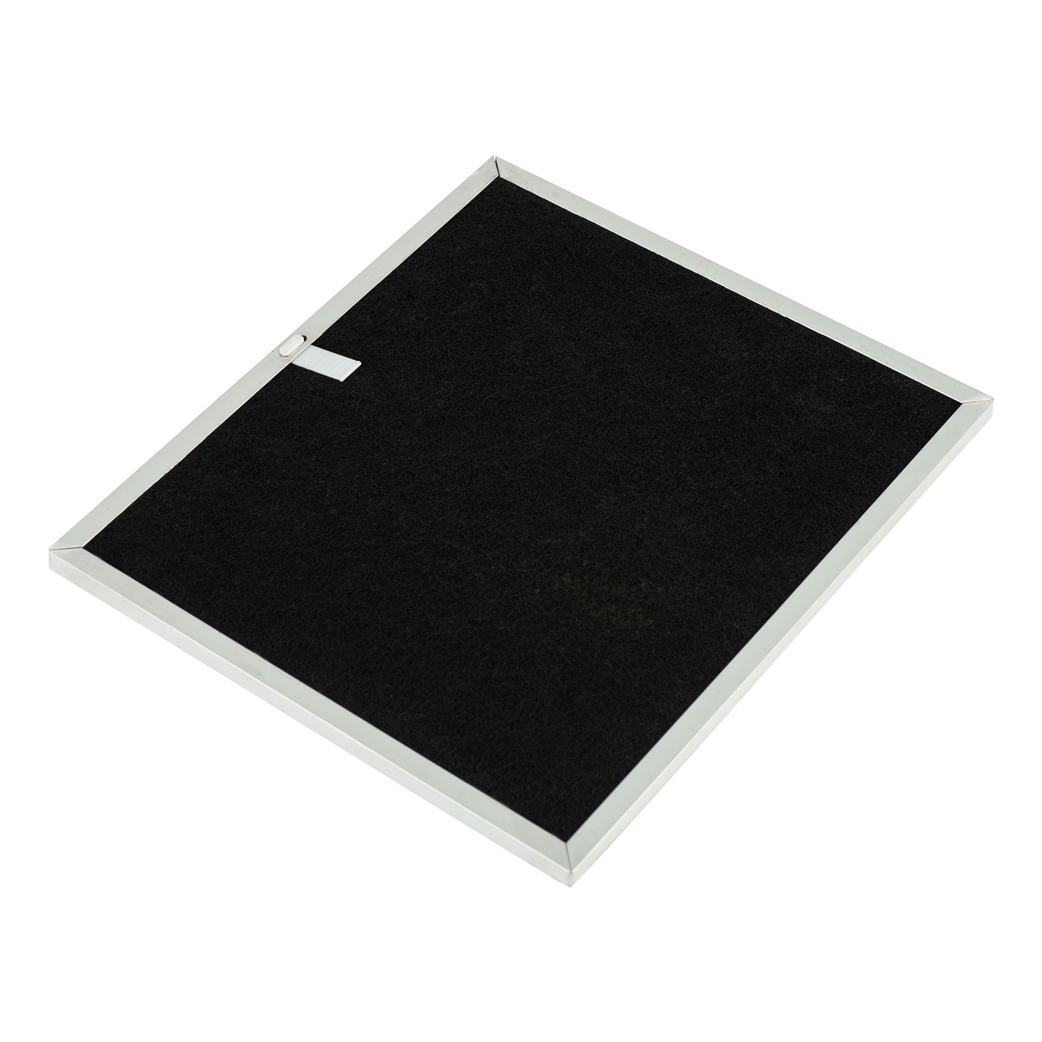 Prostokątny filtr powietrza. Ma czarne siatkowe centrum w białej metalowej ramie. Biały plastikowy klips jest na górze.