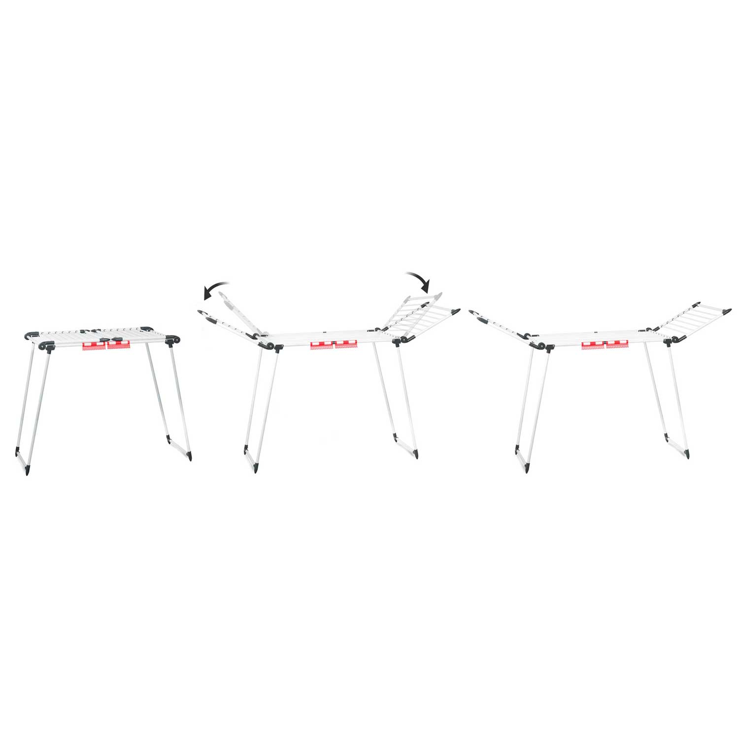 Biała suszarka do ubrań w trzech etapach rozkładania. Strzałki pokazują ruchome części. Czerwone akcenty na ramie.