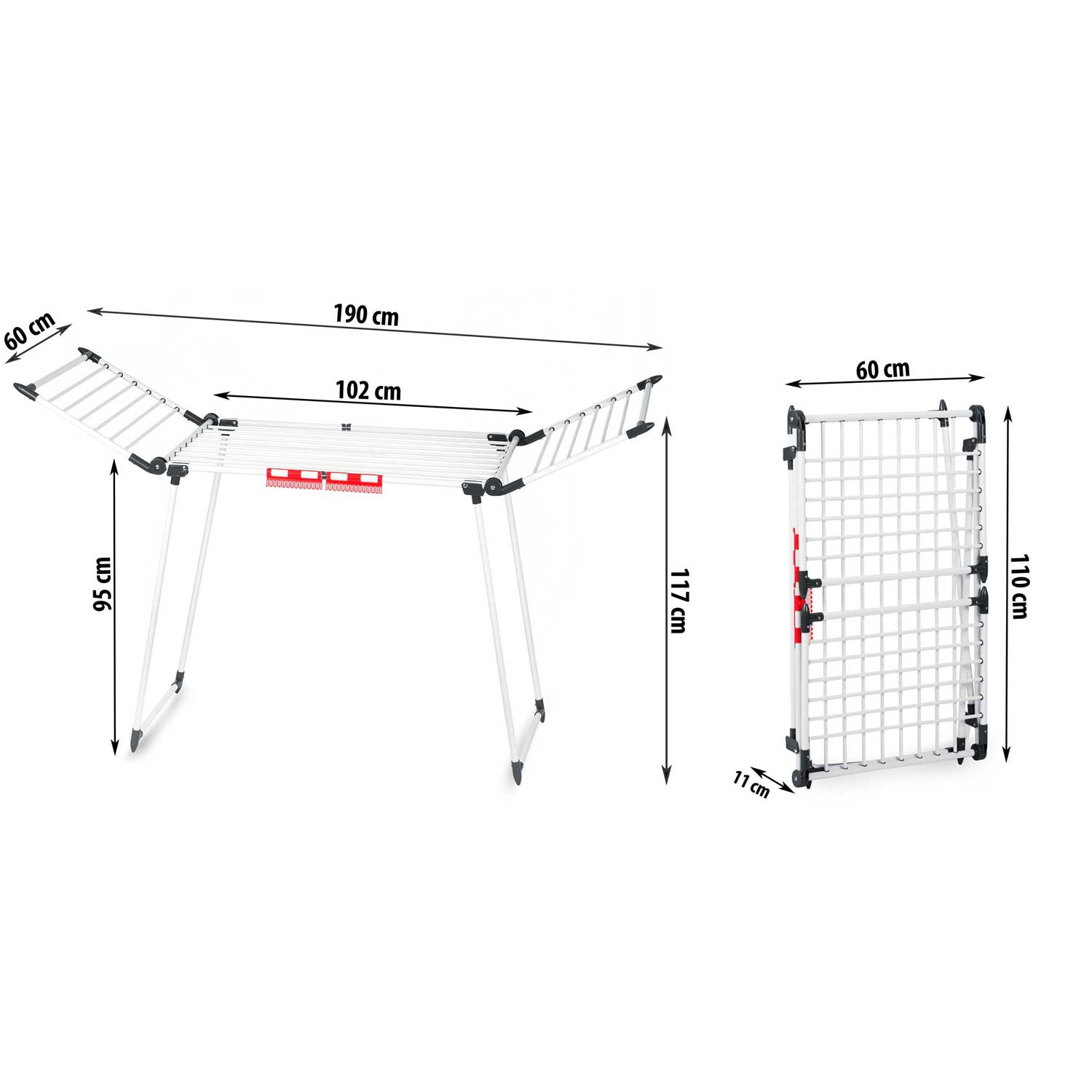 Biała metalowa suszarka do ubrań, złożona i rozłożona, z wymiarami. Na białym tle.