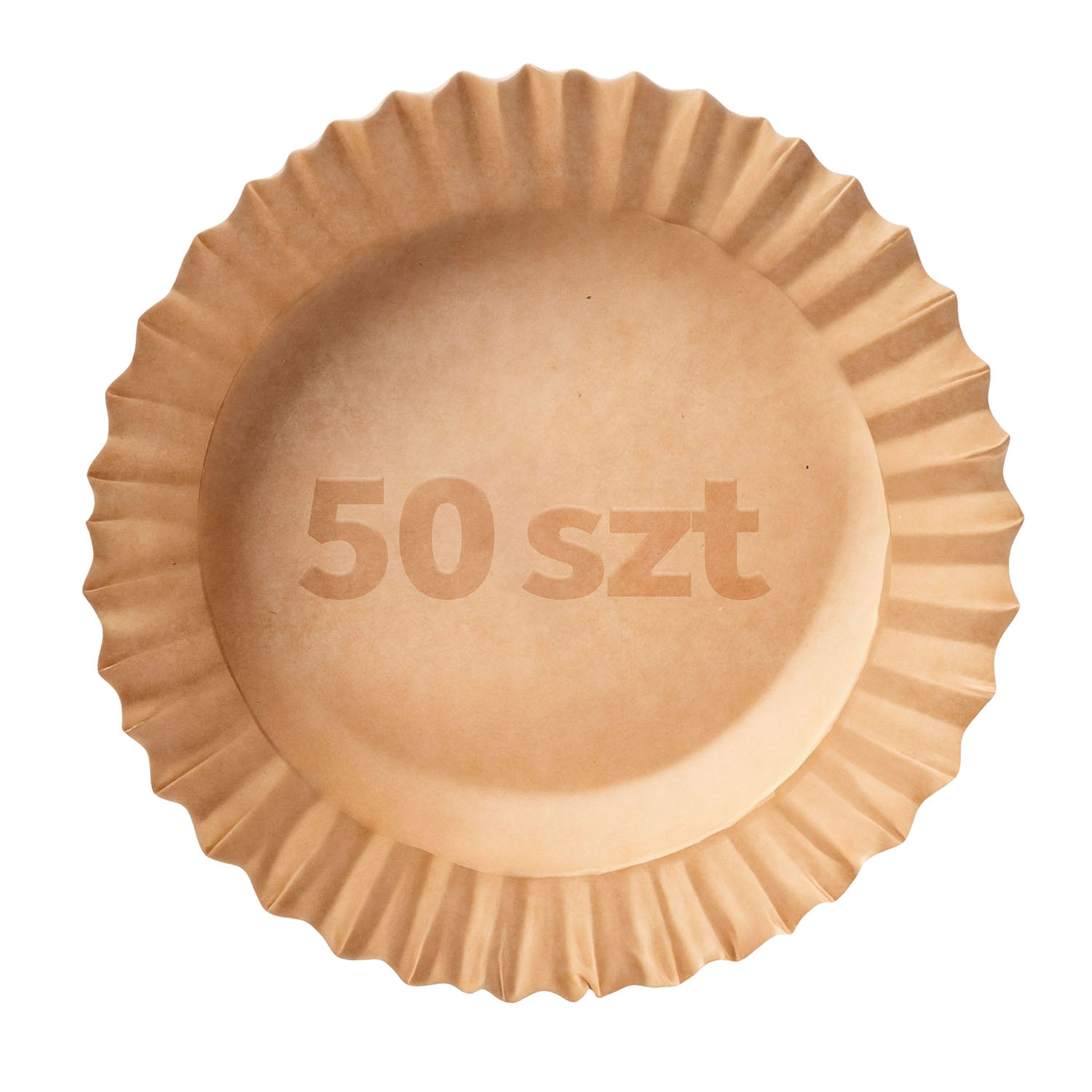 Brązowa papierowa forma do pieczenia z karbowanym brzegiem. Tekst "50 szt" jest wydrukowany na środku.