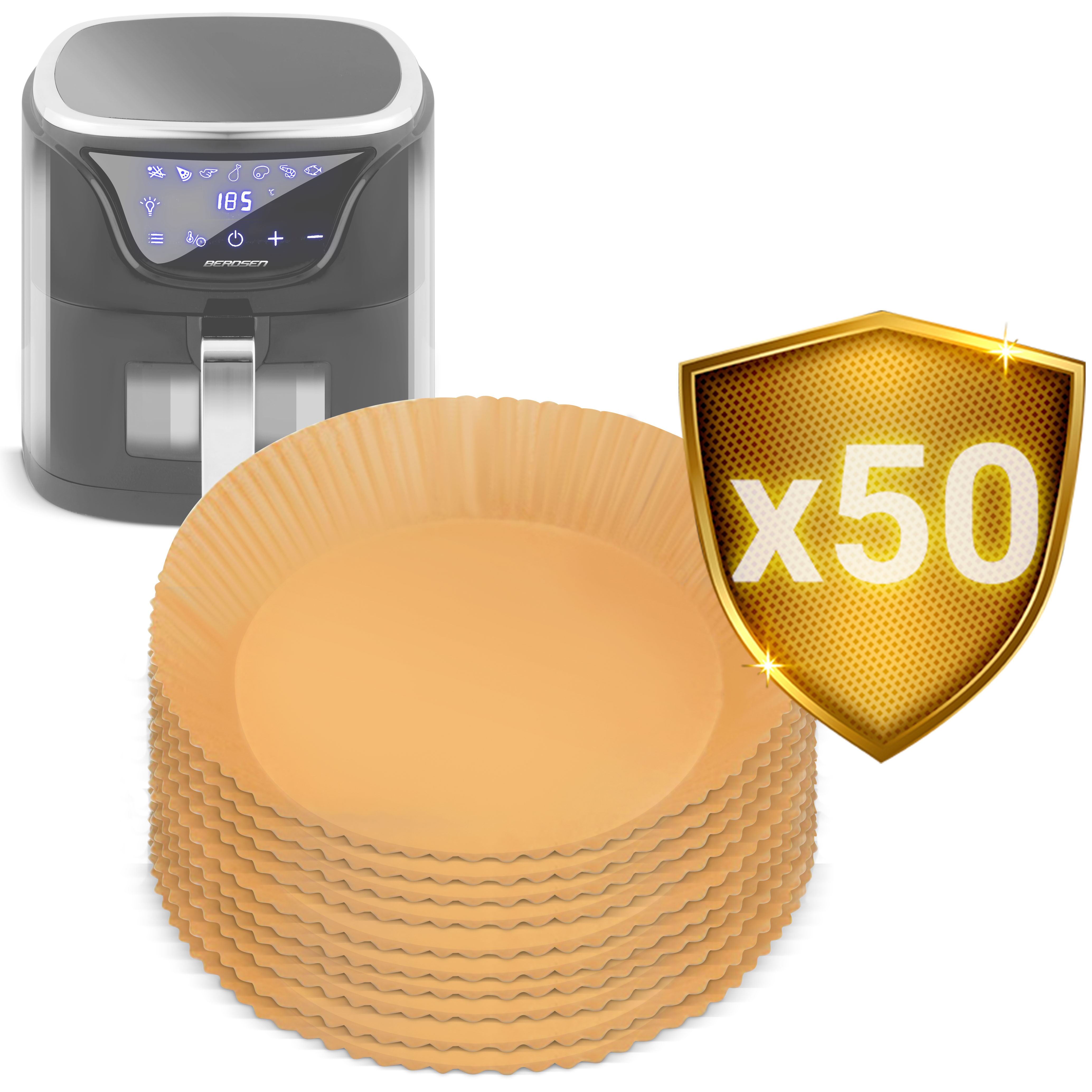 Frytownica powietrzna z papierowymi wkładkami i złotą tarczą z napisem "x50". Frytownica pokazuje 185 stopni.