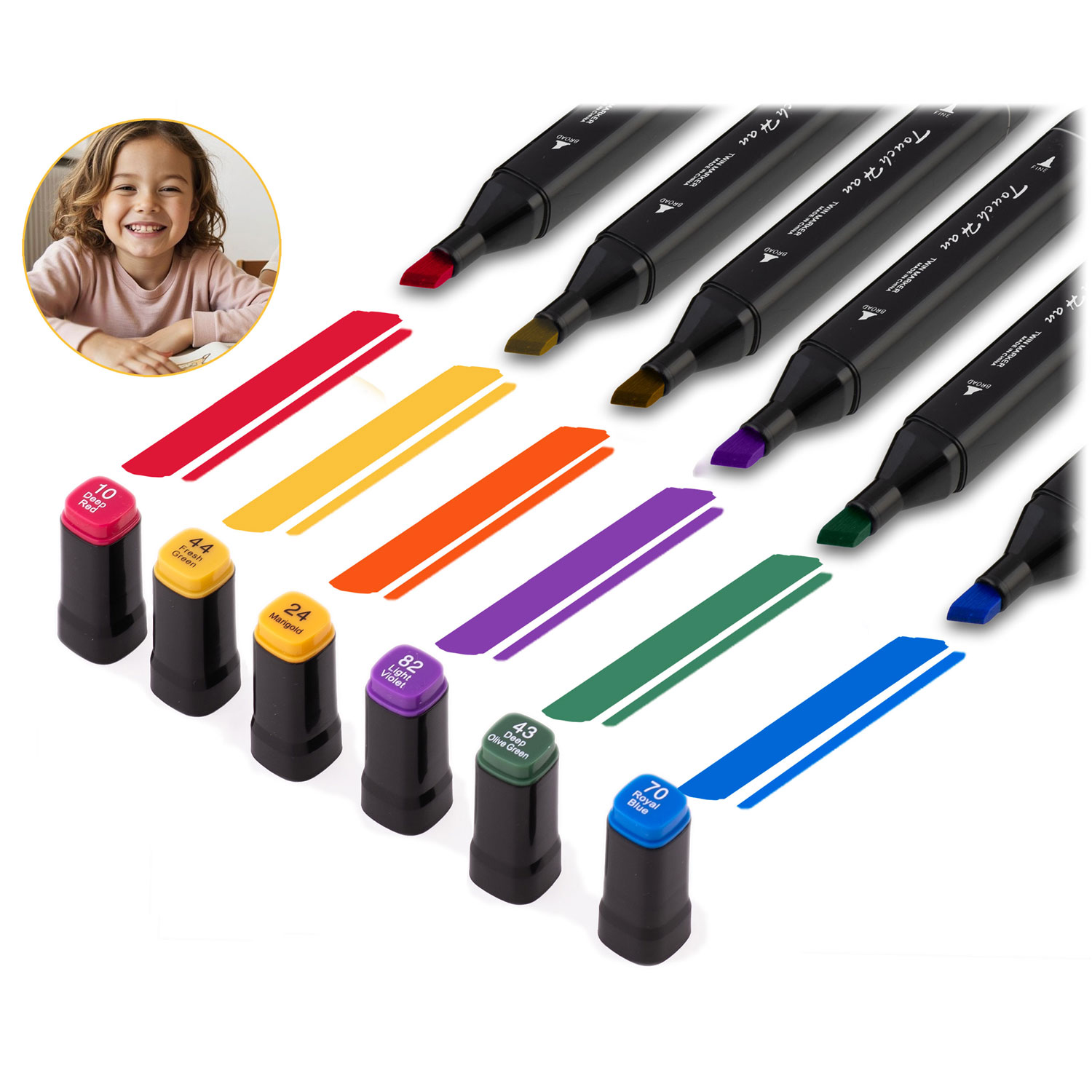 Obrazek przedstawia markery i próbki kolorów. Dziecko uśmiecha się w kółku. Markery są czarne. Kolory to czerwony, żółty, pomarańczowy, fioletowy, zielony i niebieski.