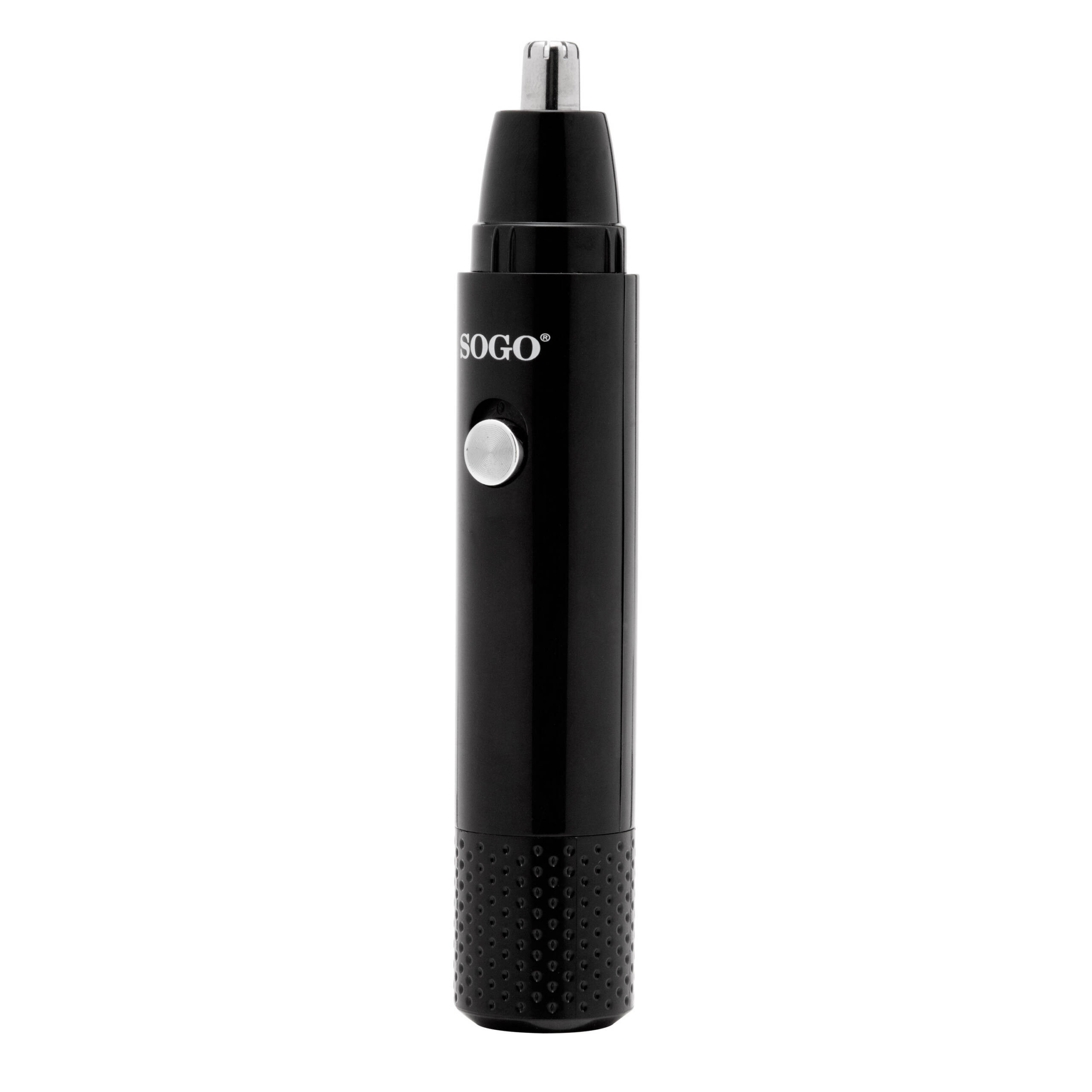 Un recortador de vello nasal negro SOGO. Tiene un botón plateado y una base texturizada.