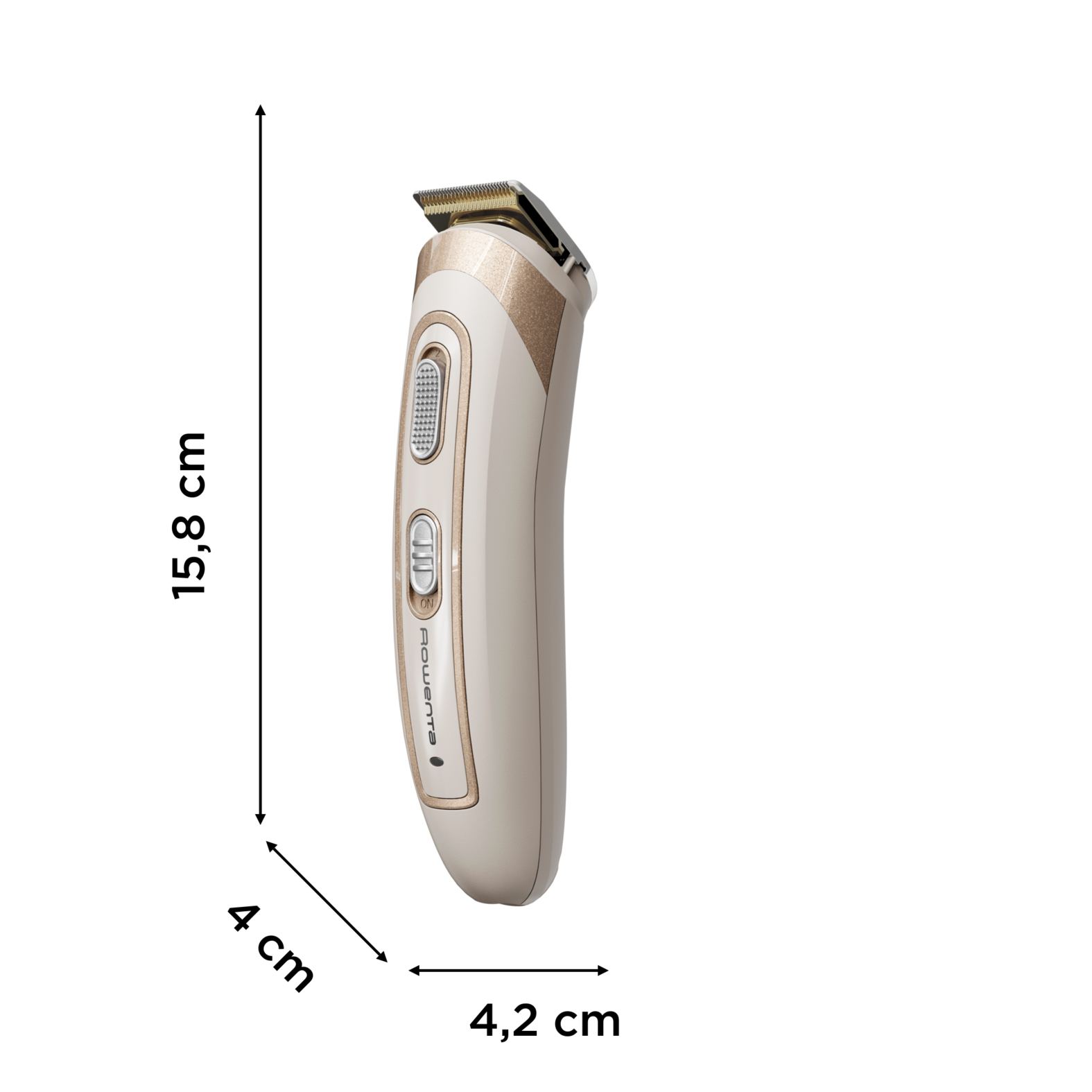 Beżowa i złota maszynka do włosów na białym tle. Wymiary są wskazane. Trymer ma metalowe ostrze.