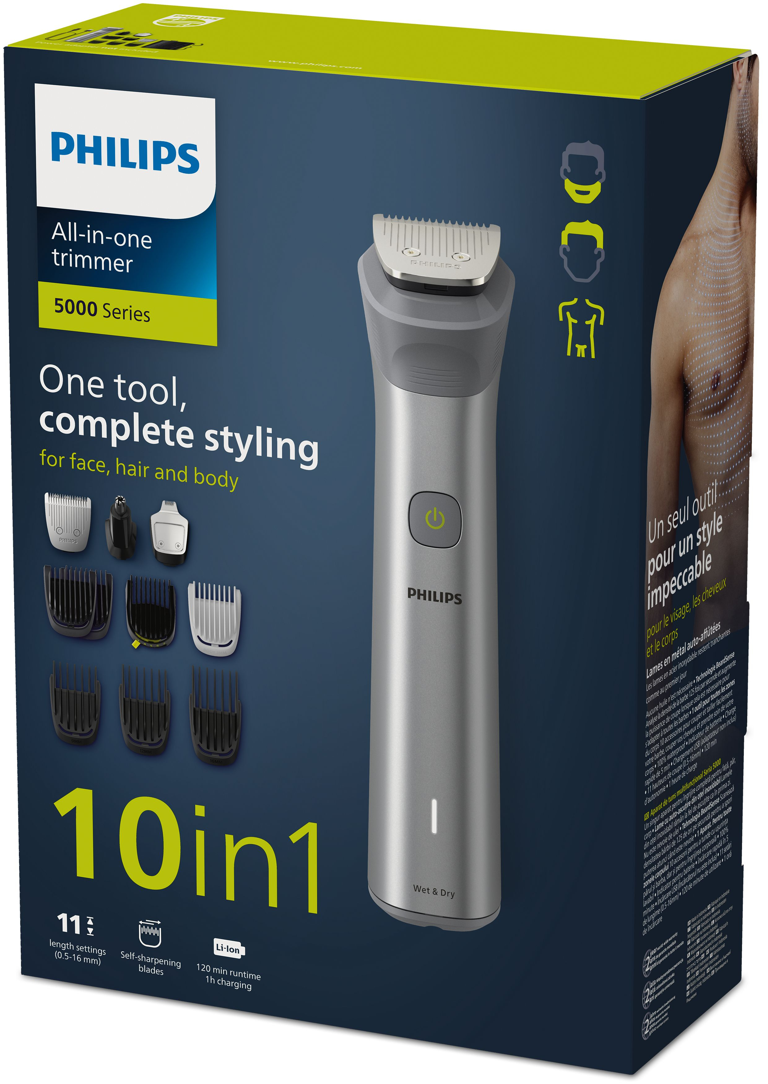Recortadora Philips todo en uno en caja. Es plateada y negra. Es para la cara, el cabello y el cuerpo.