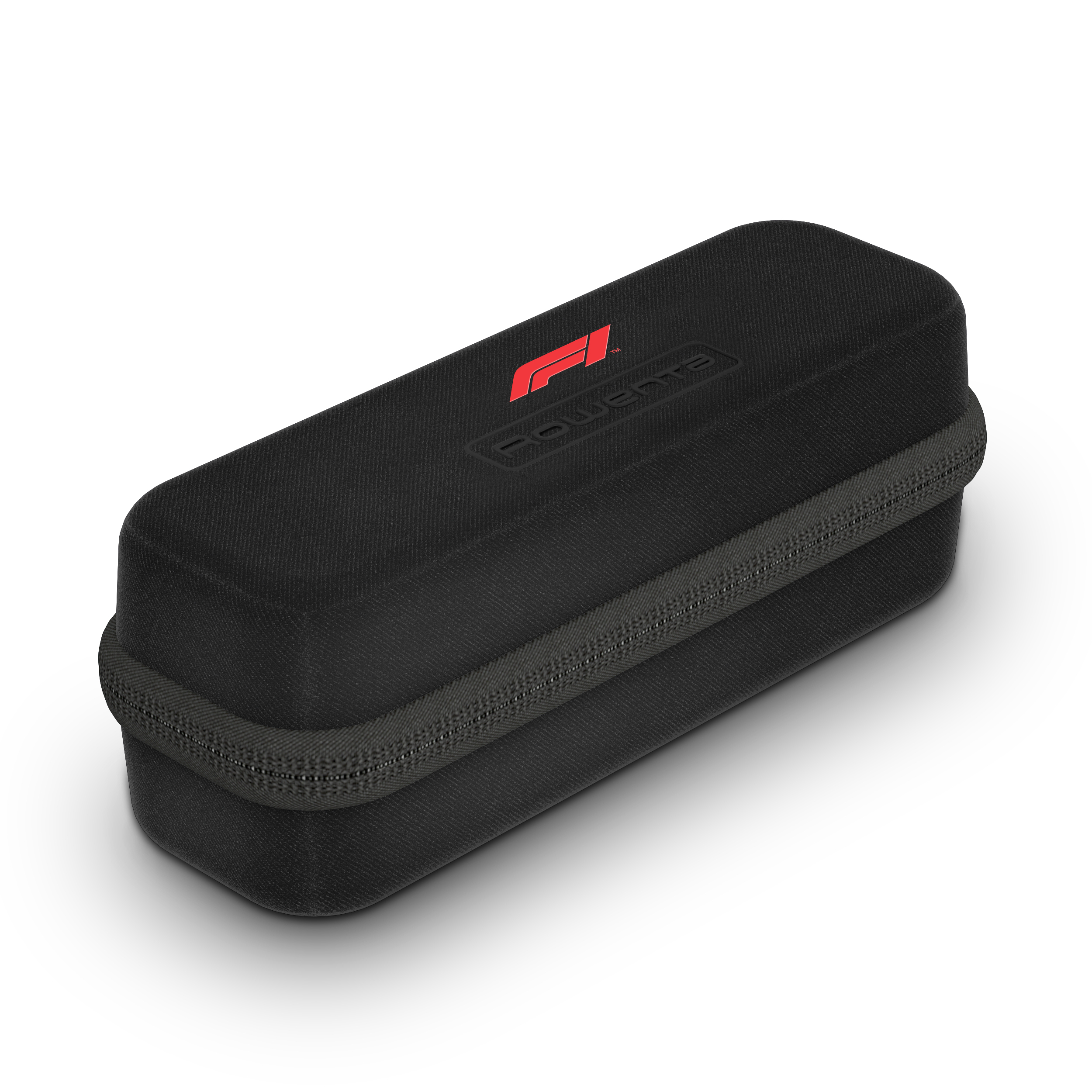 Estuche negro con logo F1 rojo y texto Rowenta. Detalle de cremallera. Sobre fondo blanco. Vista superior.