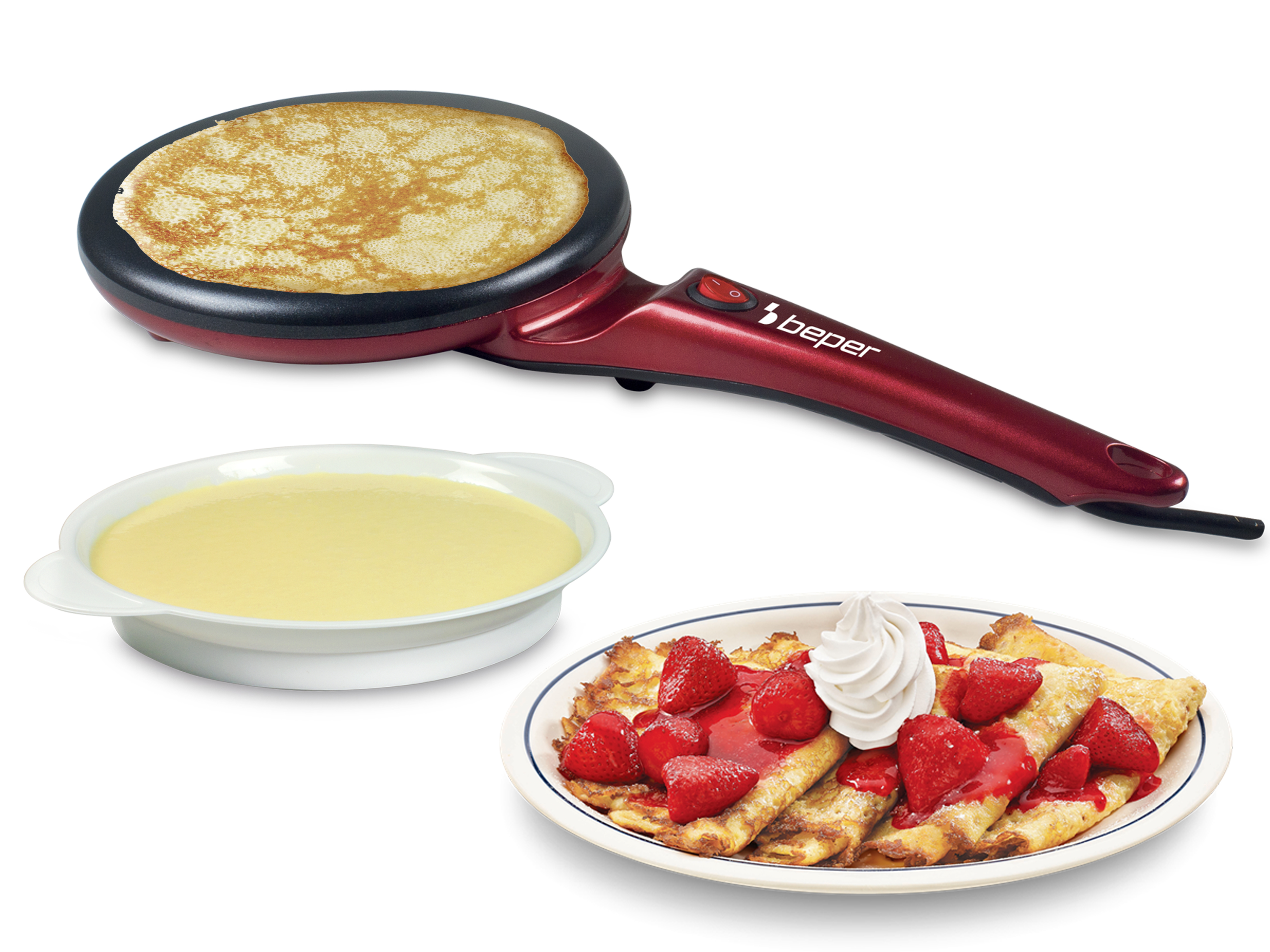 Una crepiera rossa con una crepe cotta, una ciotola di salsa gialla e un piatto di crepes con fragole e panna montata.