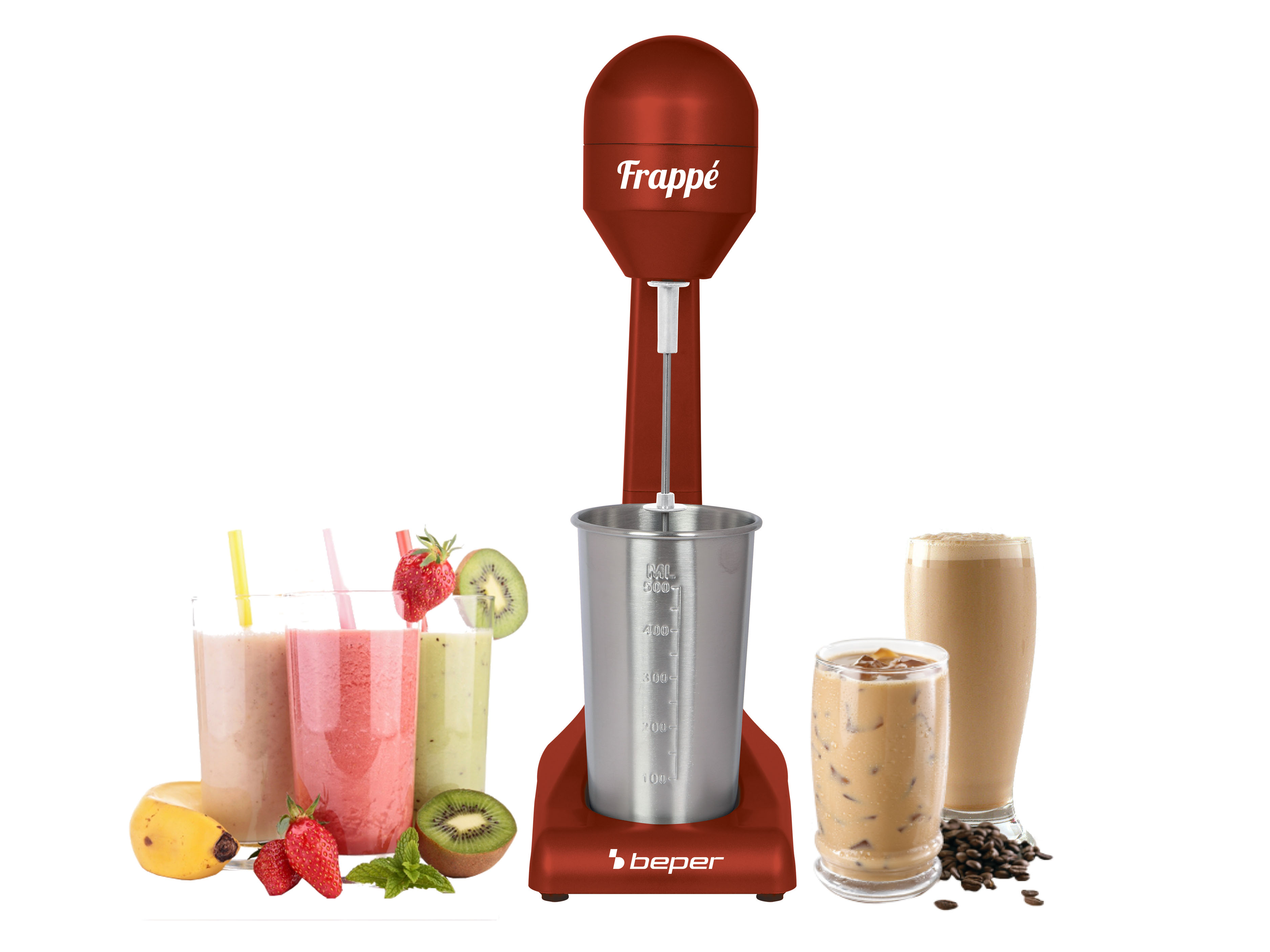 Frullatore rosso per frappè con bevande: frullati, caffè freddo e una bevanda schiumosa. Frutta e chicchi di caffè presenti.