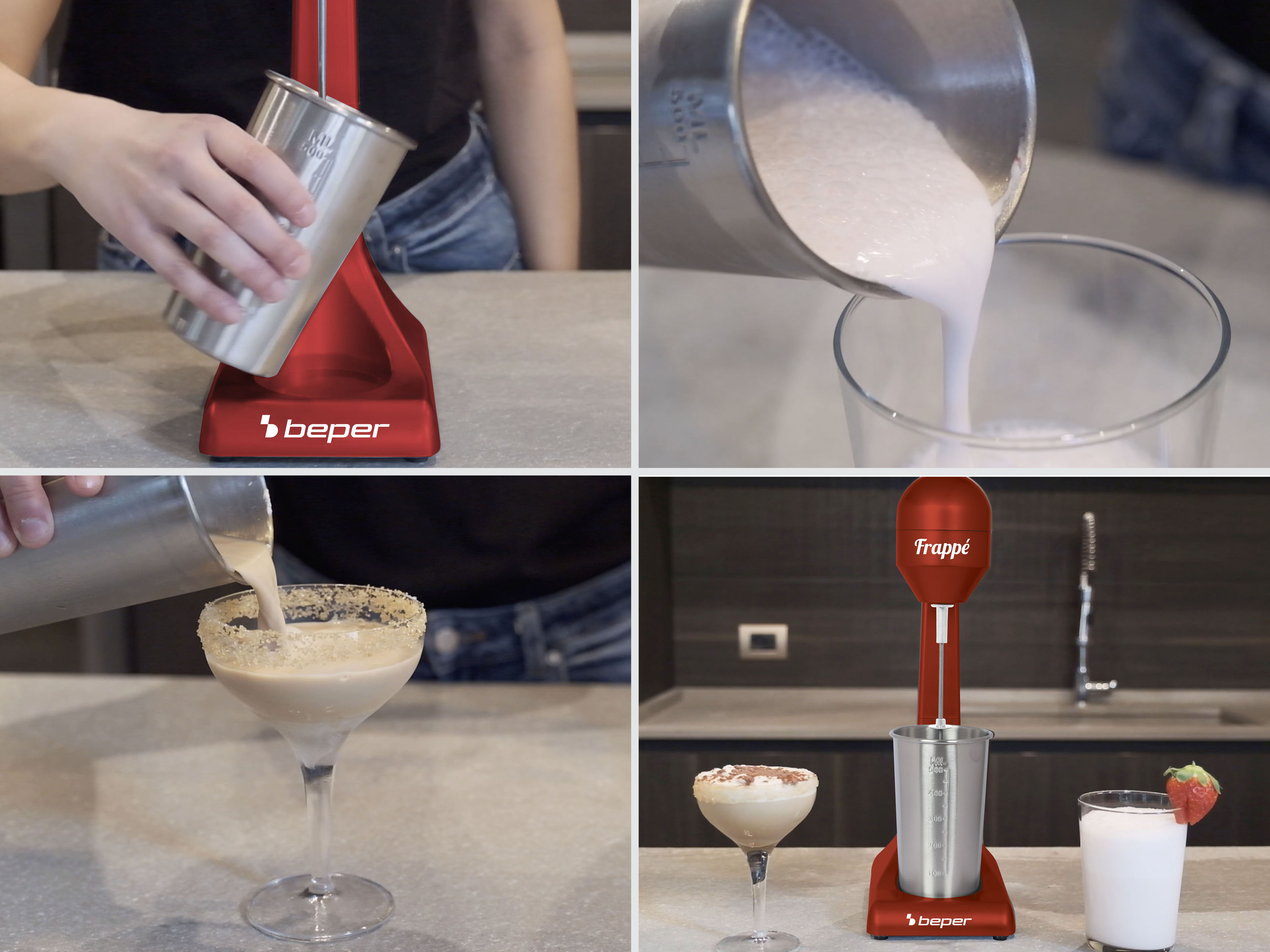 Quattro immagini che mostrano la preparazione del frappè. Include versare latte, mescolare e servire. Un frappè rosso.