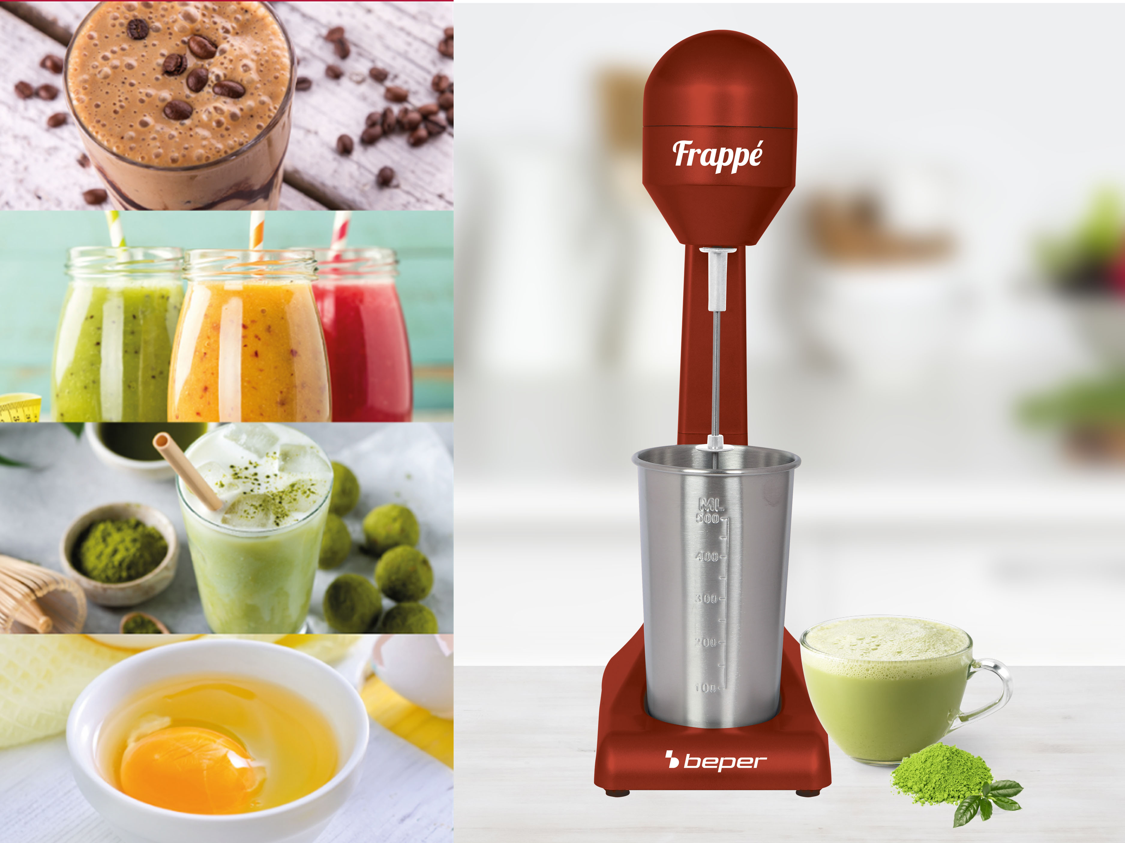 Macchina per frappè rossa con tazza in acciaio inox, matcha latte, frullati, caffè e un uovo in una ciotola.