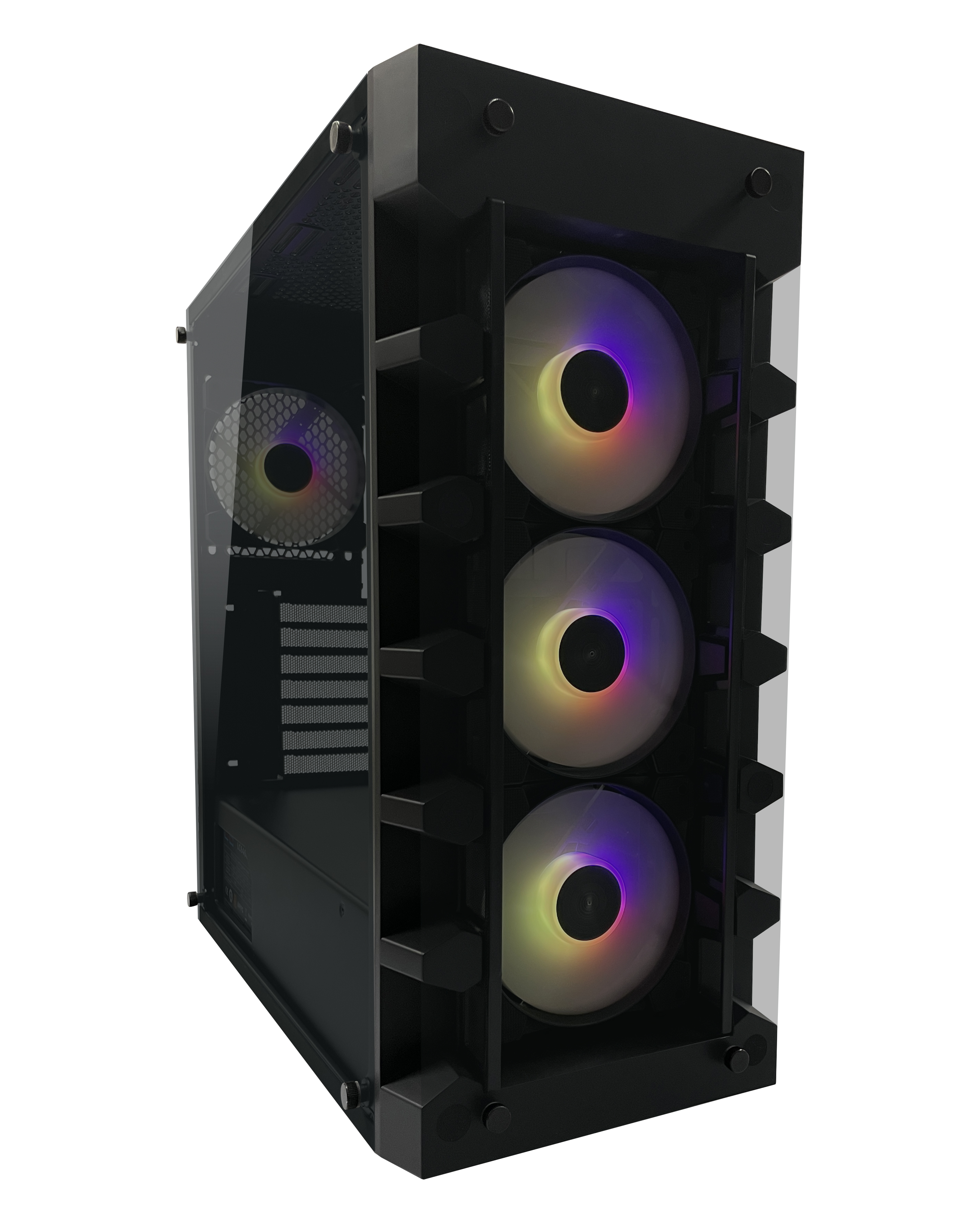 Czarna obudowa komputera ze szklanym panelem bocznym, trzy wentylatory RGB. Jeden wentylator z przodu, jeden z tyłu.