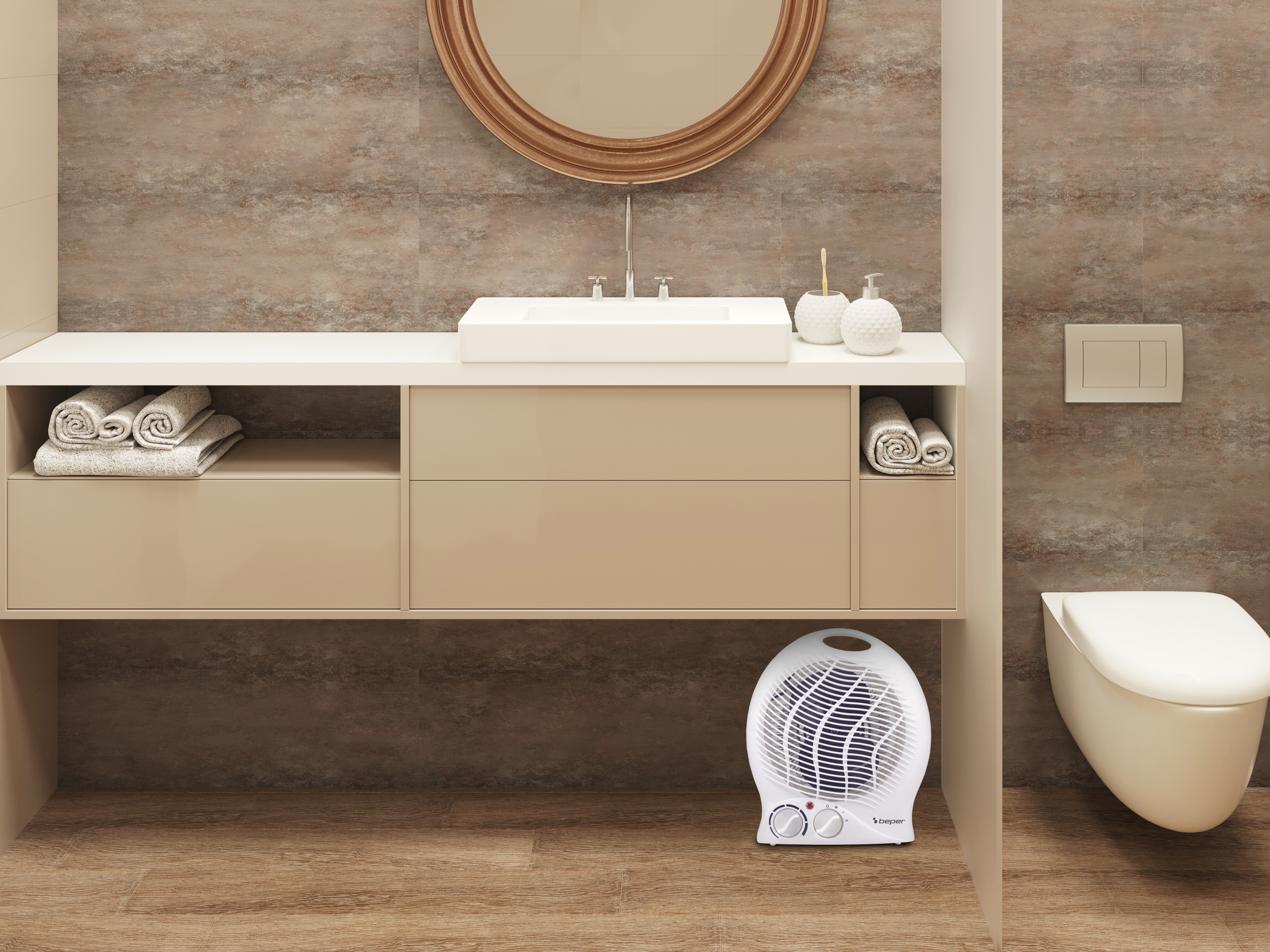 Scena del bagno con lavandino, specchio e servizi igienici. Un termoventilatore bianco è sul pavimento.