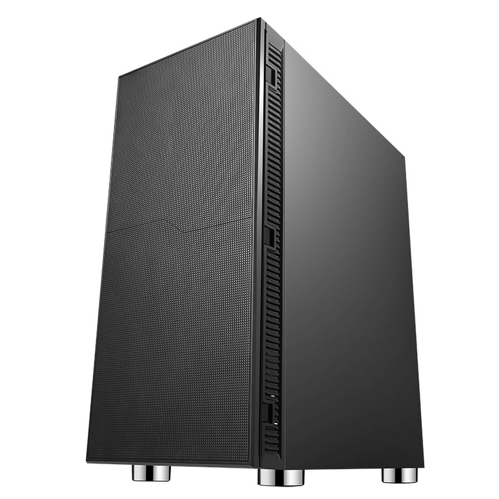 Un case per computer nero su sfondo bianco. La parte anteriore ha un design a rete, il lato è liscio e ha piedini argentati.