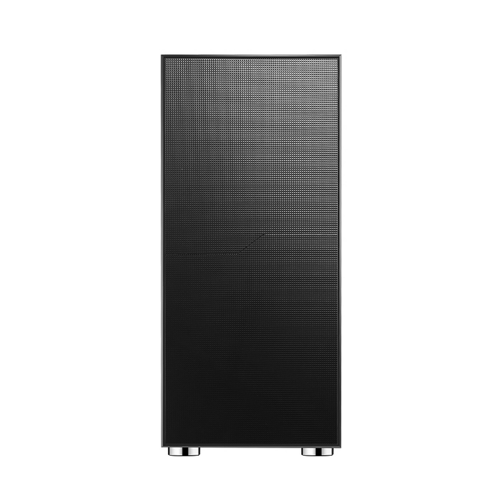Un case per computer nero su sfondo bianco. Il frontale ha un design perforato. Due piedini argentati sono visibili in basso.