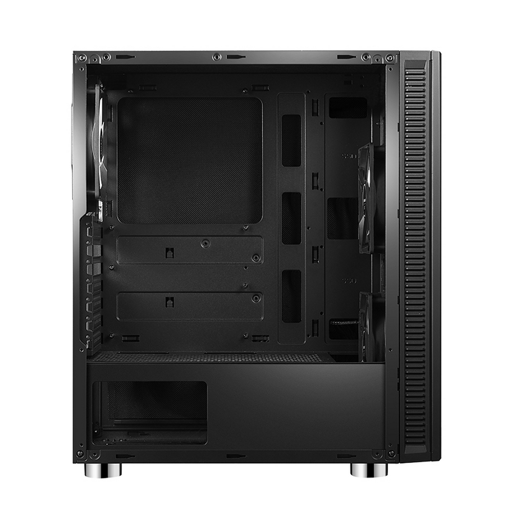 Interno di un case per computer nero con vari scomparti, supporti per ventole e punti di montaggio. Il case è vuoto.