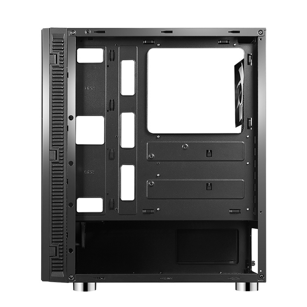 Interno di un case per computer nero. Ha diverse aperture, punti di montaggio e una ventola. Il case poggia su piedini argentati.