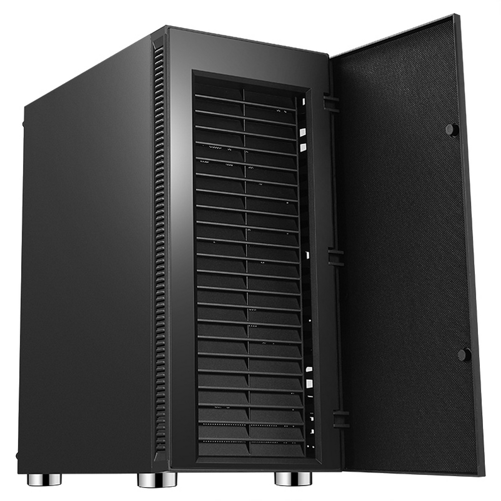 Un case per computer nero con una porta anteriore aperta che rivela una ventola. Il case ha piedini argentati. La porta è strutturata.